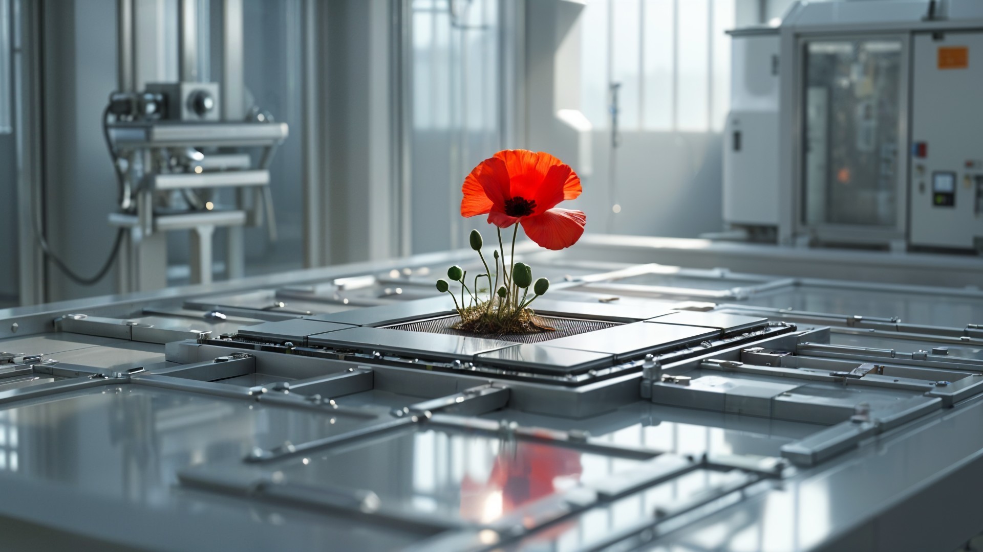 Vibrant Red Poppy Flower in Modern Workspace Setting