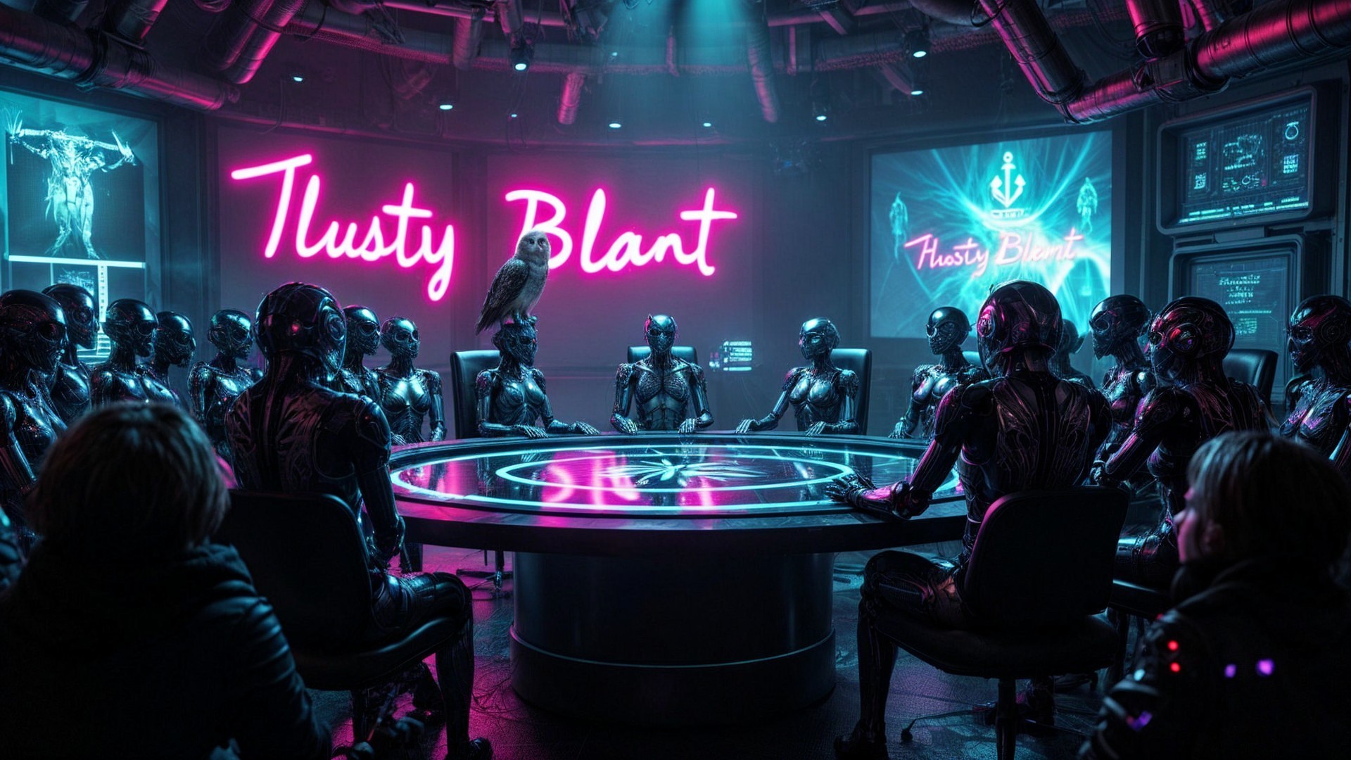 Futuristic Room with Humanoid Robots and Neon Lights