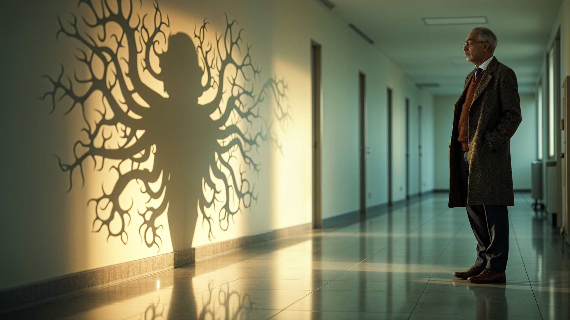Distinguished Man in Dim Hallway with Intriguing Shadows
