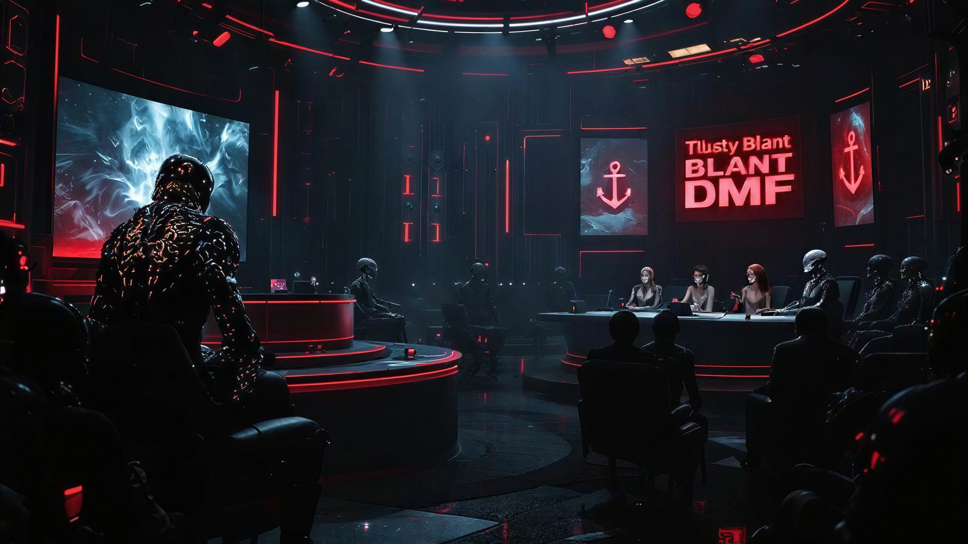 Futuristic Film Noir Conference Room with Red Lighting