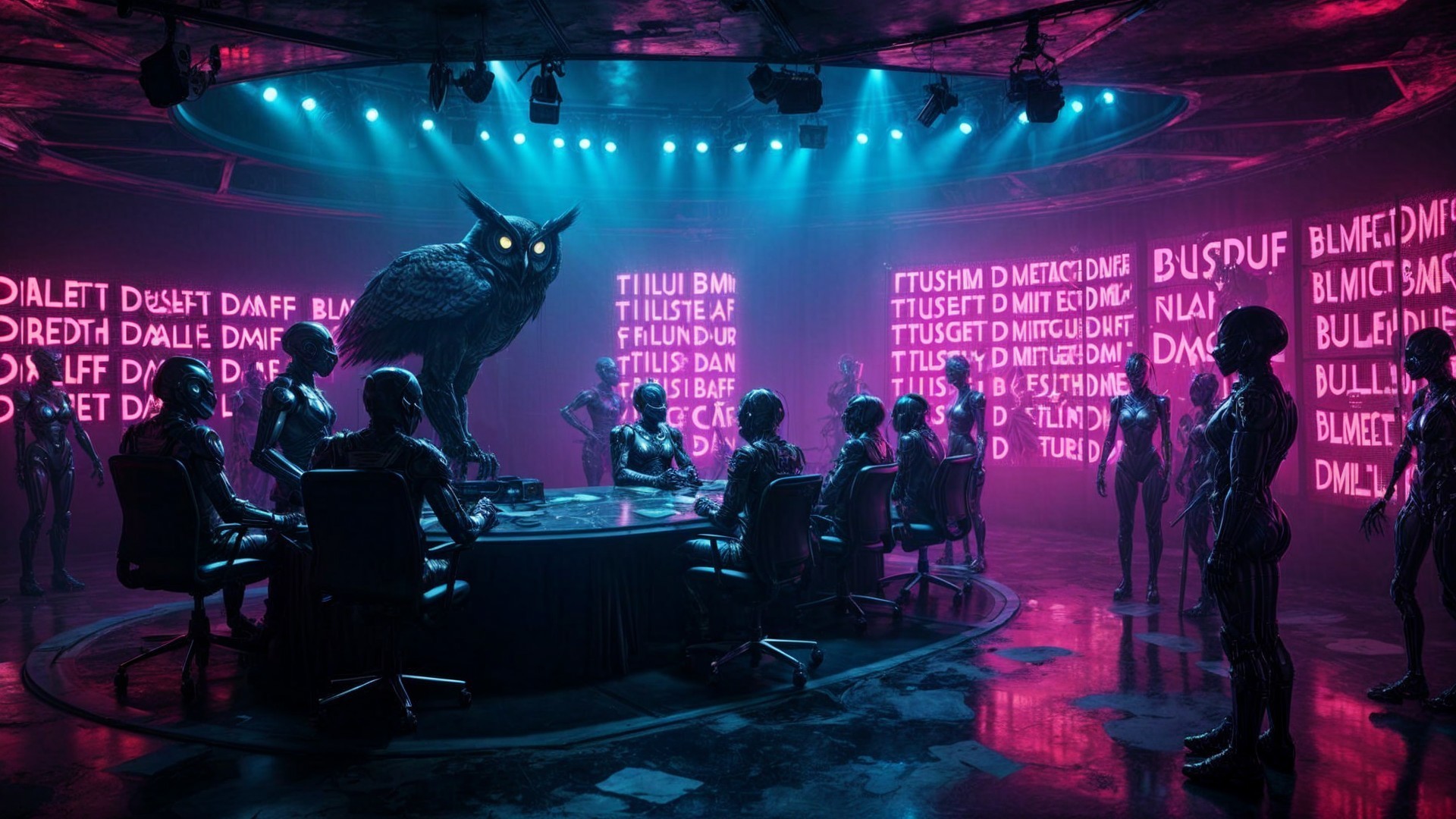 Futuristic Boardroom with Robotic Owl and Humanoids