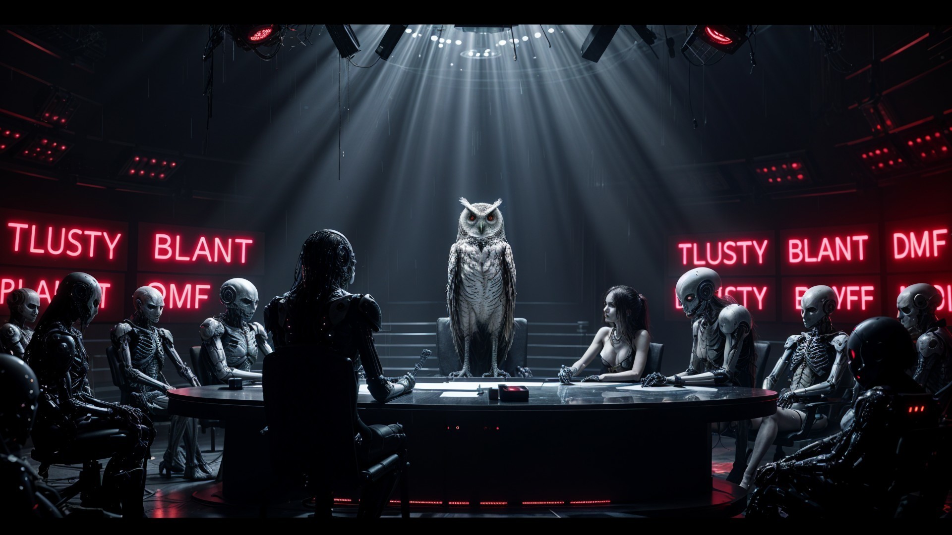 Futuristic Meeting in a Dimly Lit Chamber with Robots