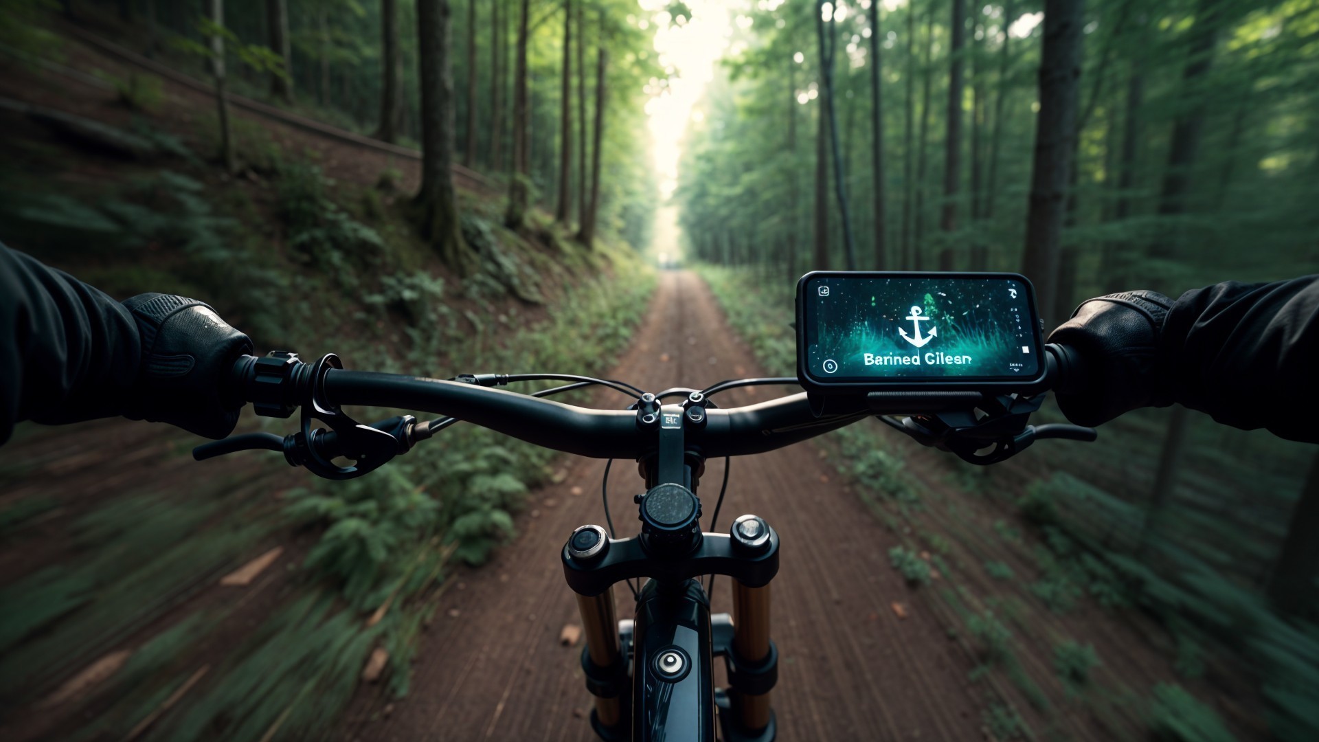 Cyclist's View on a Serene Forest Trail