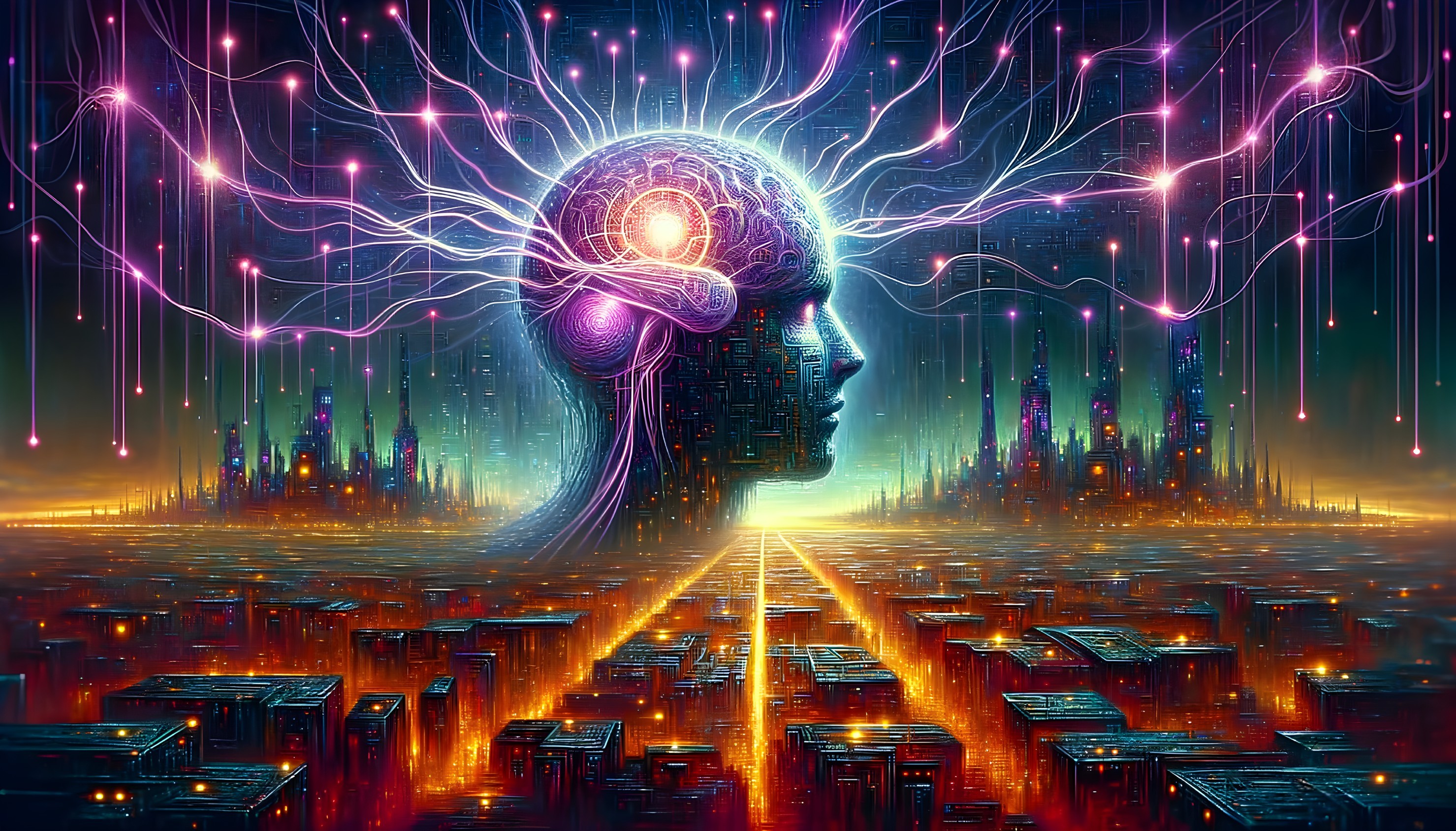 Surreal Landscape with Human Head and Futuristic City