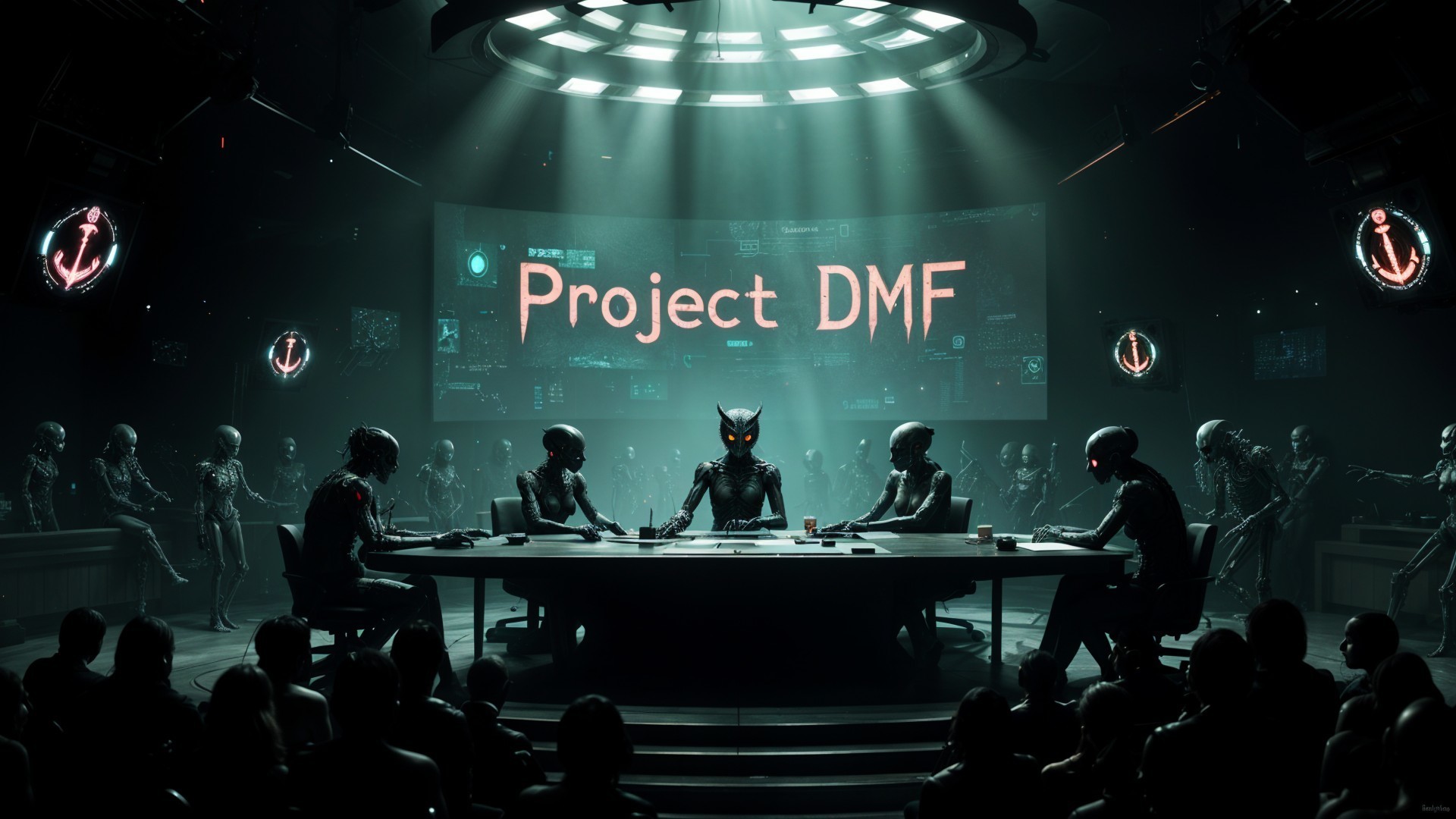 Humanoid Figures in High-Tech Meeting Room