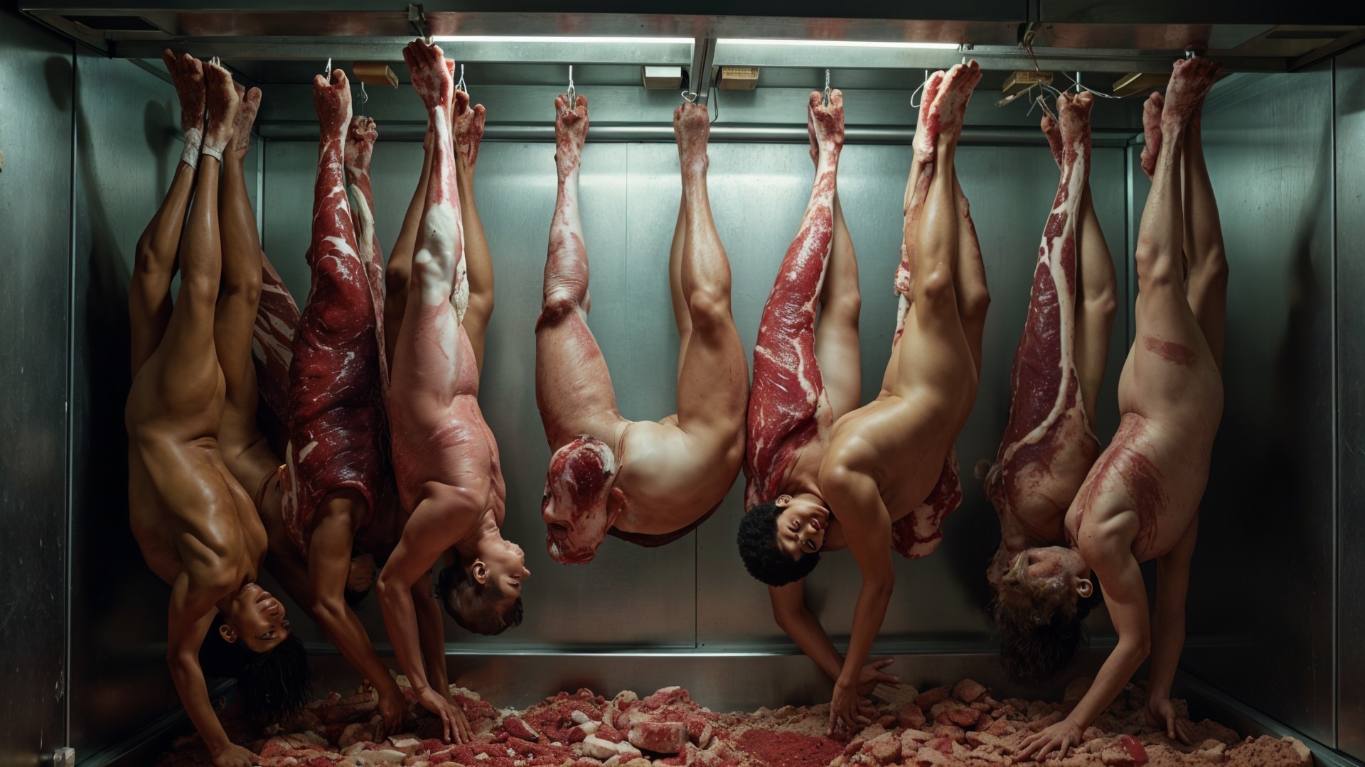 Chilling Scene of Suspended Figures in Cold Storage Room