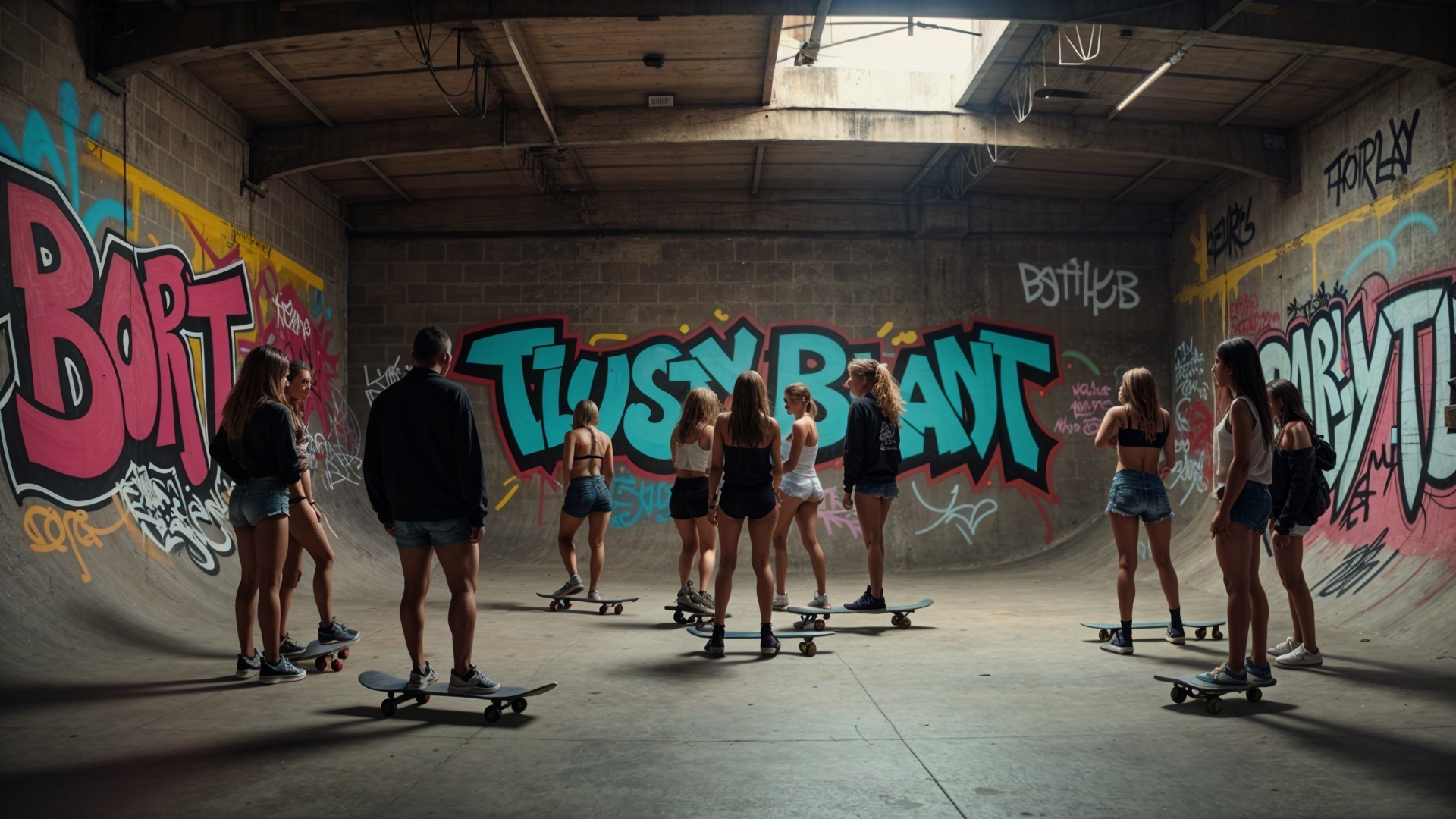 Vibrant Indoor Skate Park with Colorful Graffiti