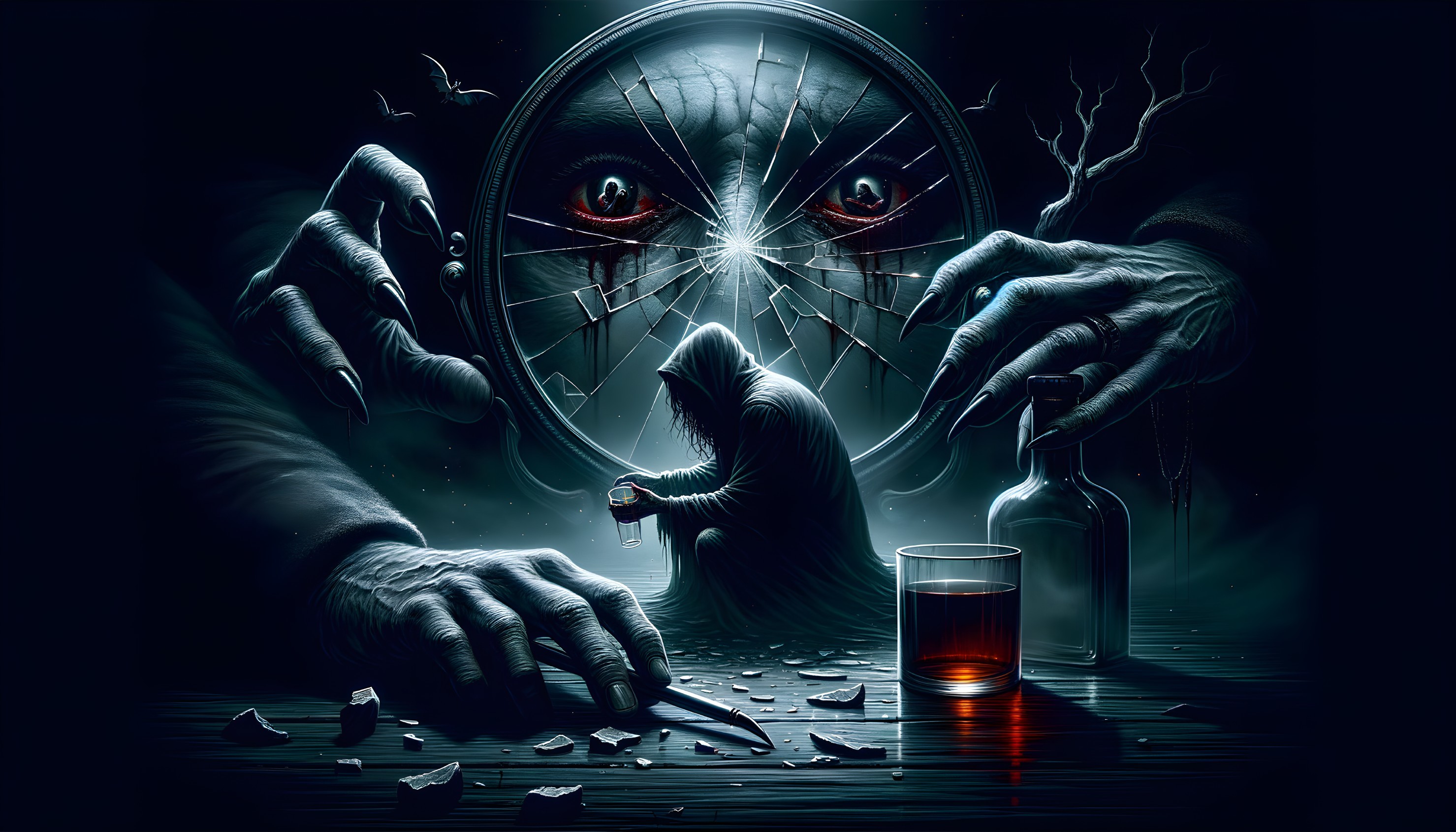 Cloaked Figure by Shattered Mirror in Haunting Scene