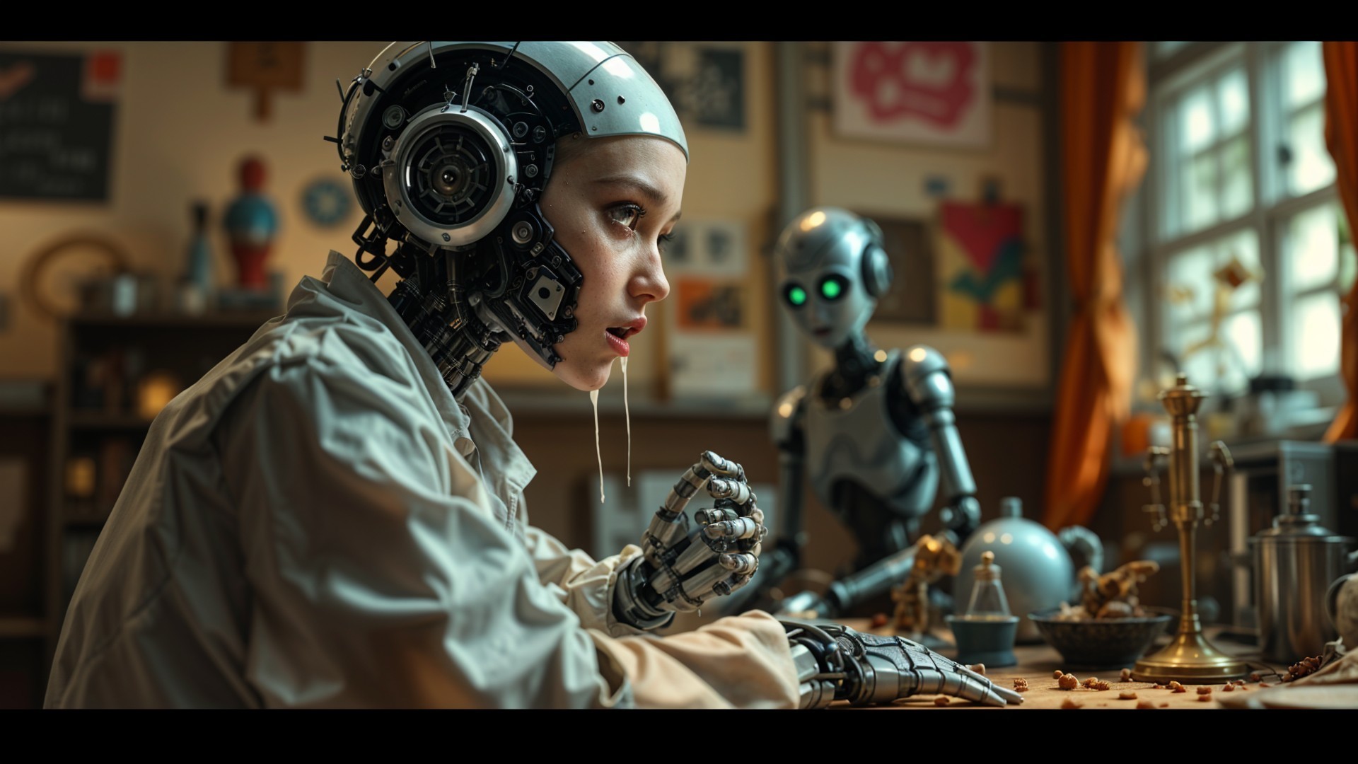 Futuristic Scene with Humanoid Robots in Cozy Setting