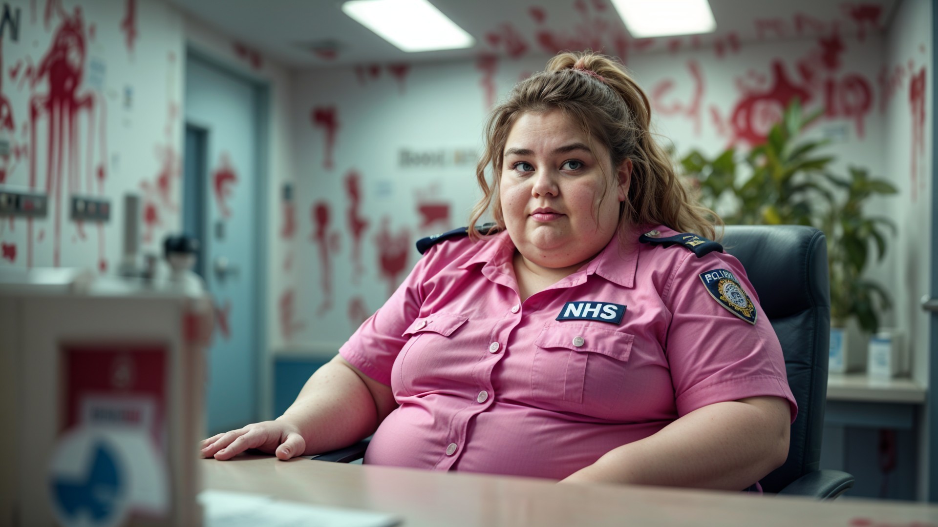 Woman in Pink NHS Uniform in Chaotic Room Setting