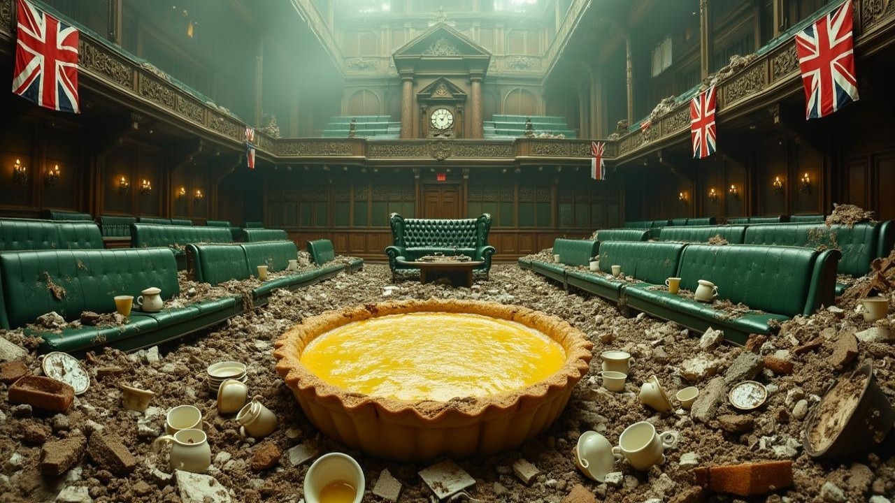 Historic Parliamentary Chamber with Pie and Debris