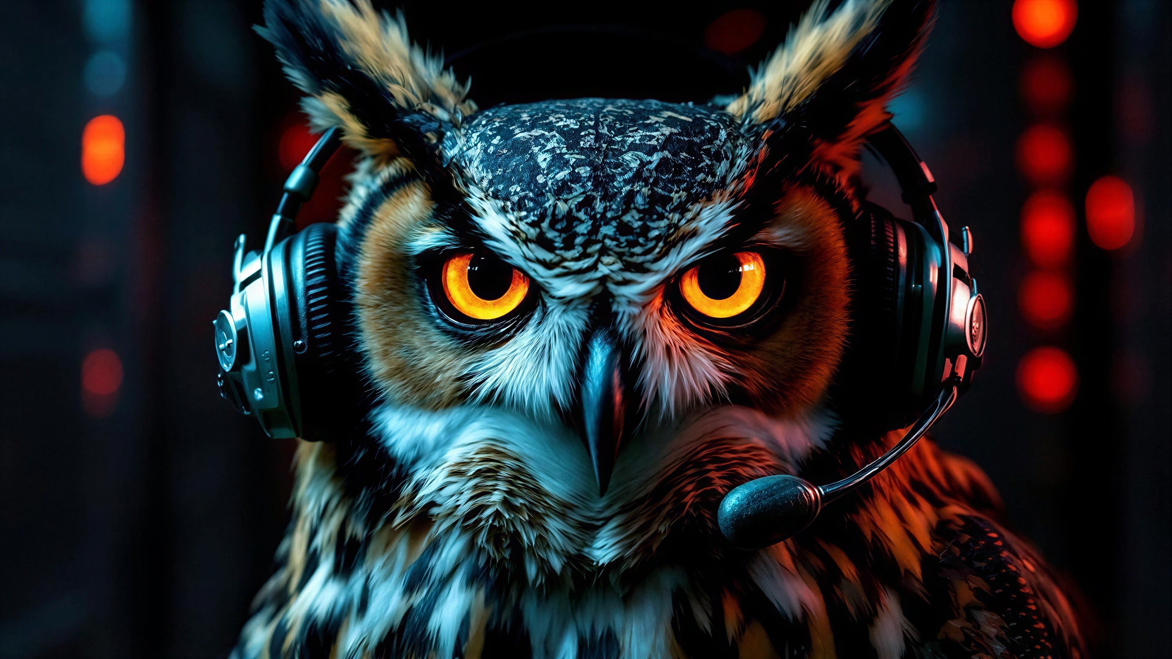 Great Horned Owl with Gaming Headset Close-Up