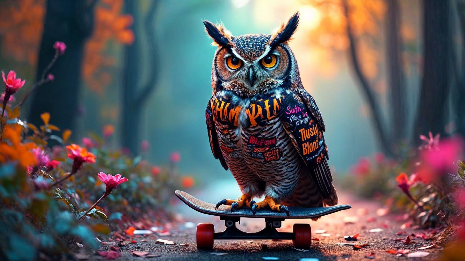 Whimsical Owl on Skateboard in Colorful Forest Scene