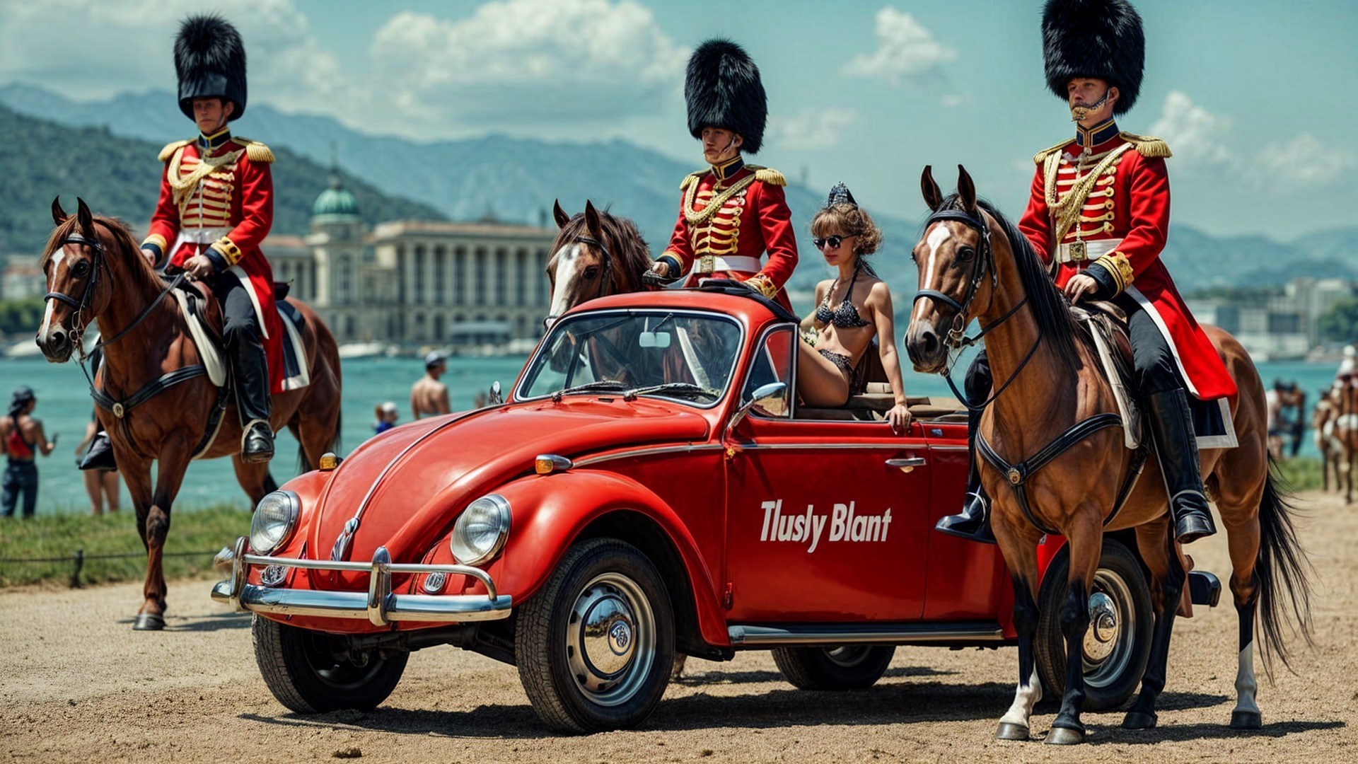 Vintage Volkswagen Beetle with Soldiers and Scenic Landscape
