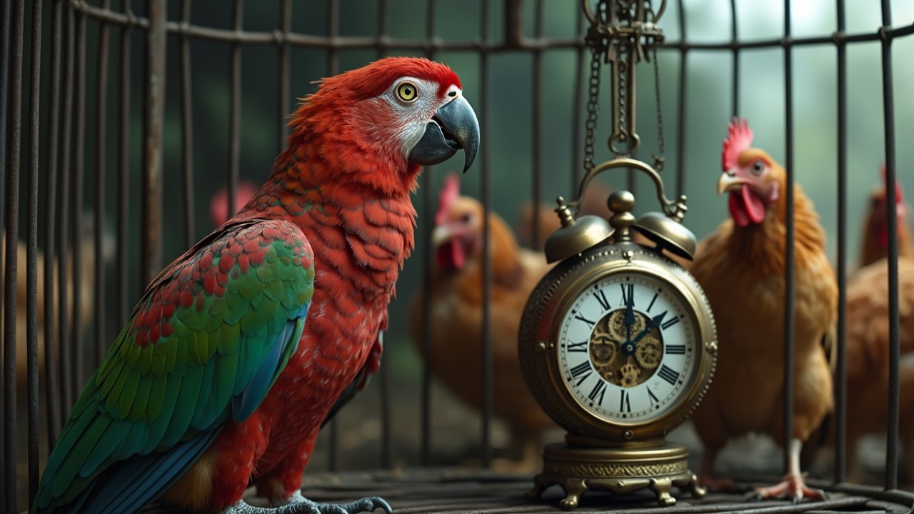 Vibrant Red Parrot with Chickens and Vintage Clock