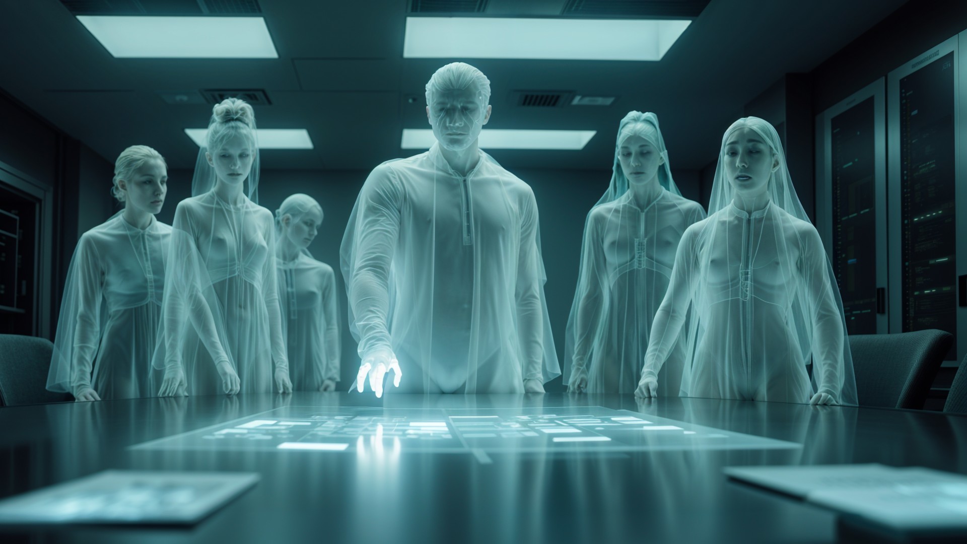 Futuristic Scene with Ethereal Figures and Holographic Display