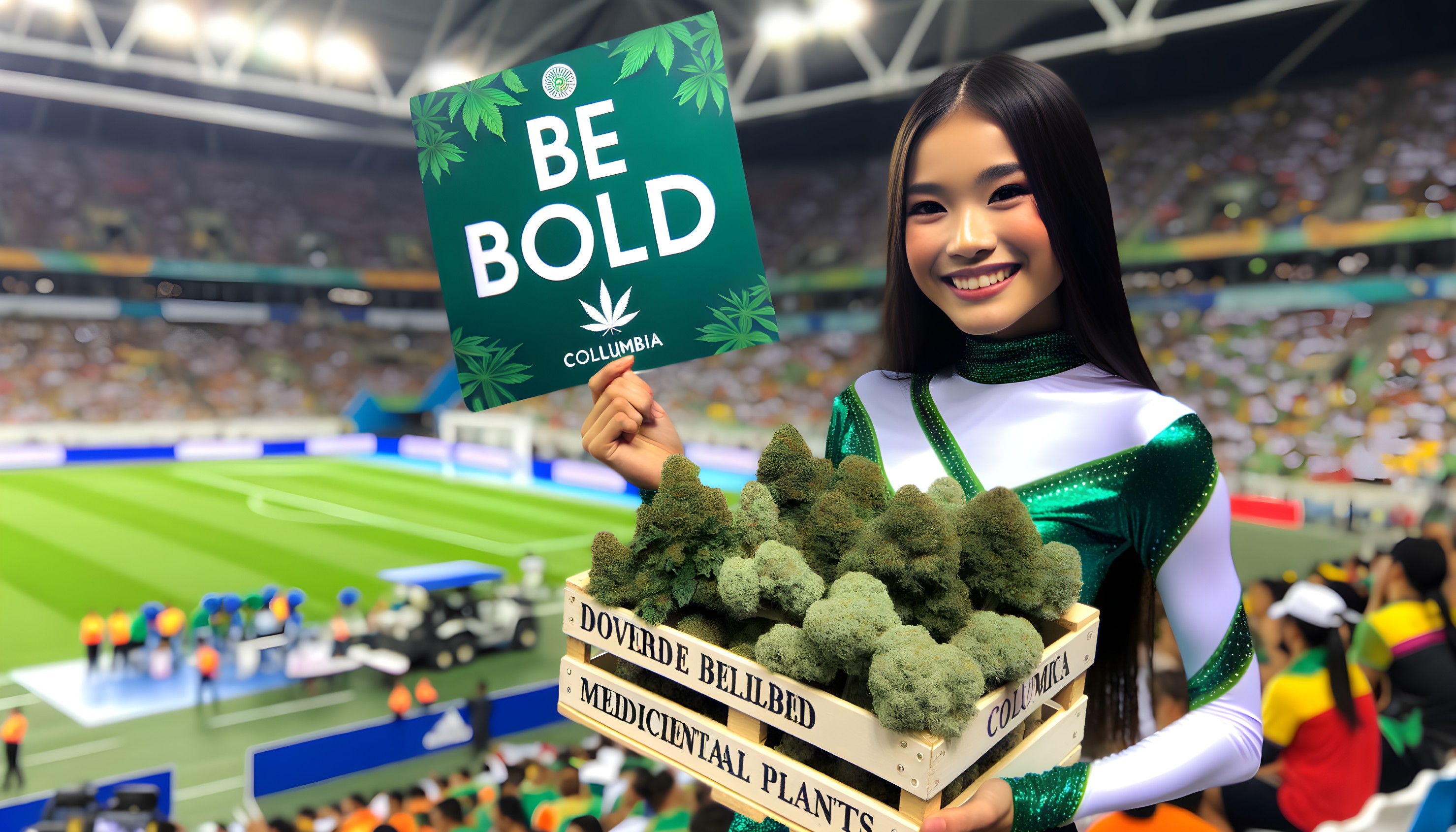 Smiling Individual with Herbal Plants in Stadium Setting
