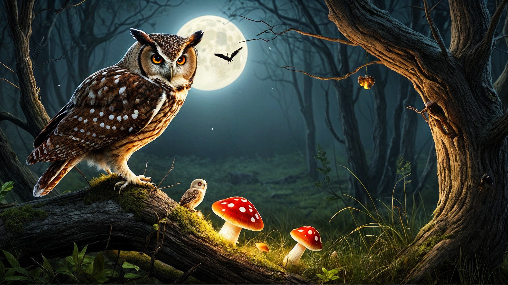 Majestic Owl and Chick in Moonlit Forest Scene