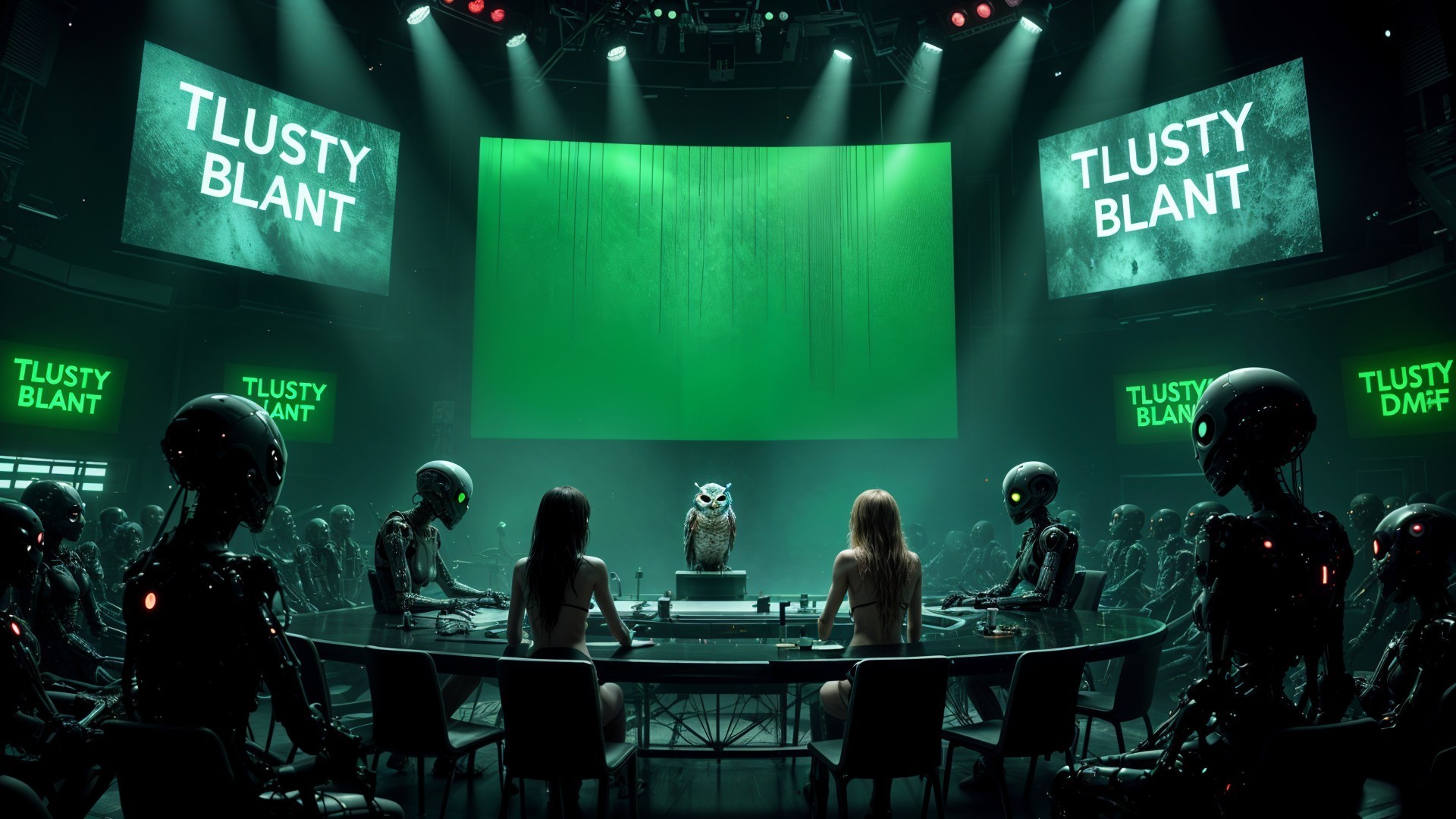 Futuristic Conference Scene with Robots and Owl