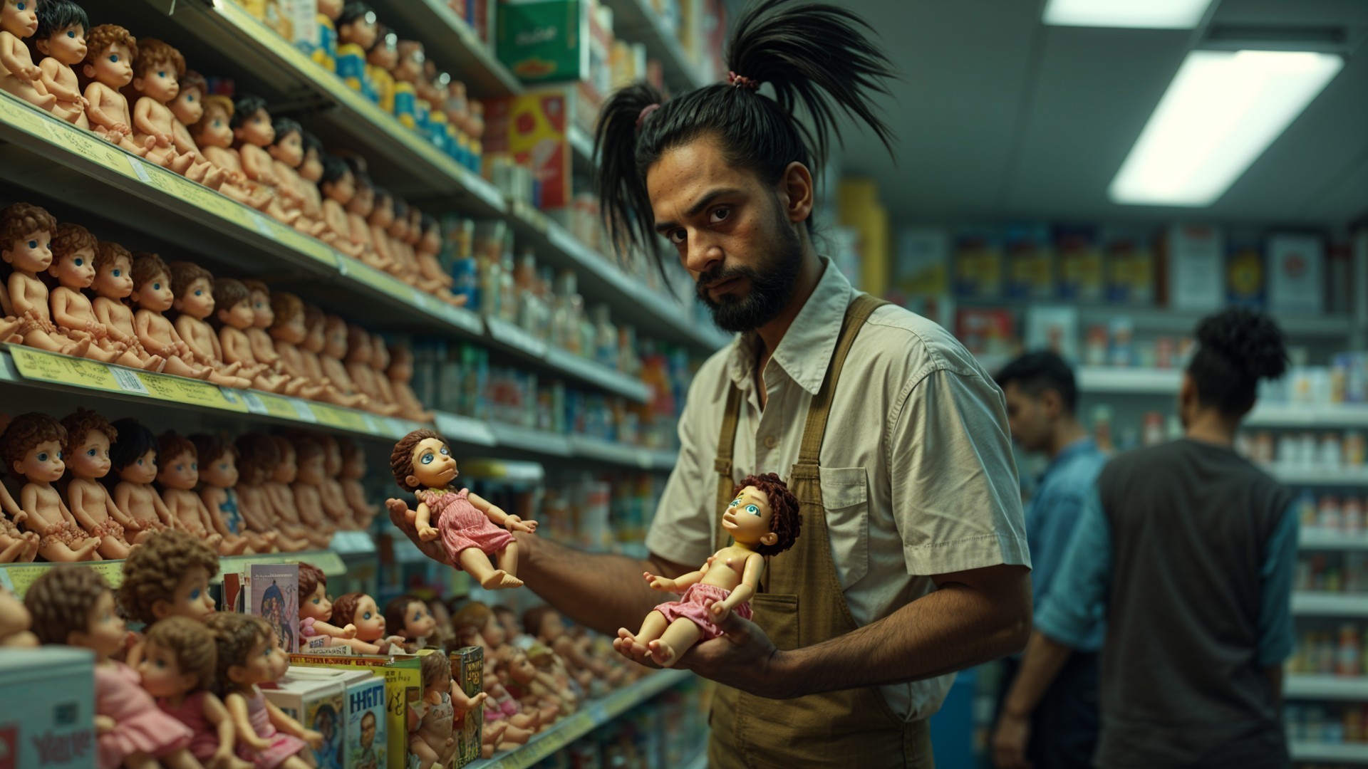 Man with Ponytail Examines Dolls in Busy Store Aisle