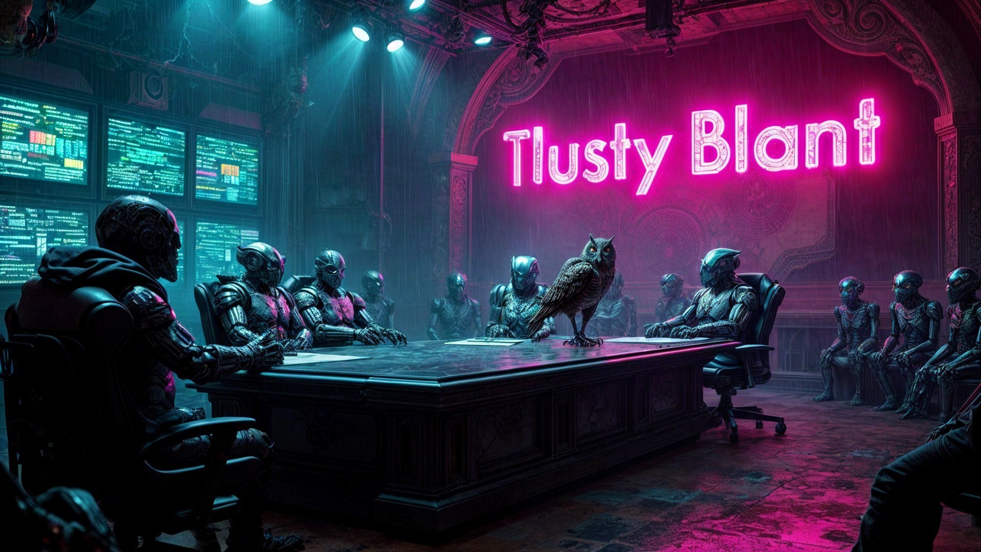 Futuristic Conference Room with Humanoid Robots and Owl