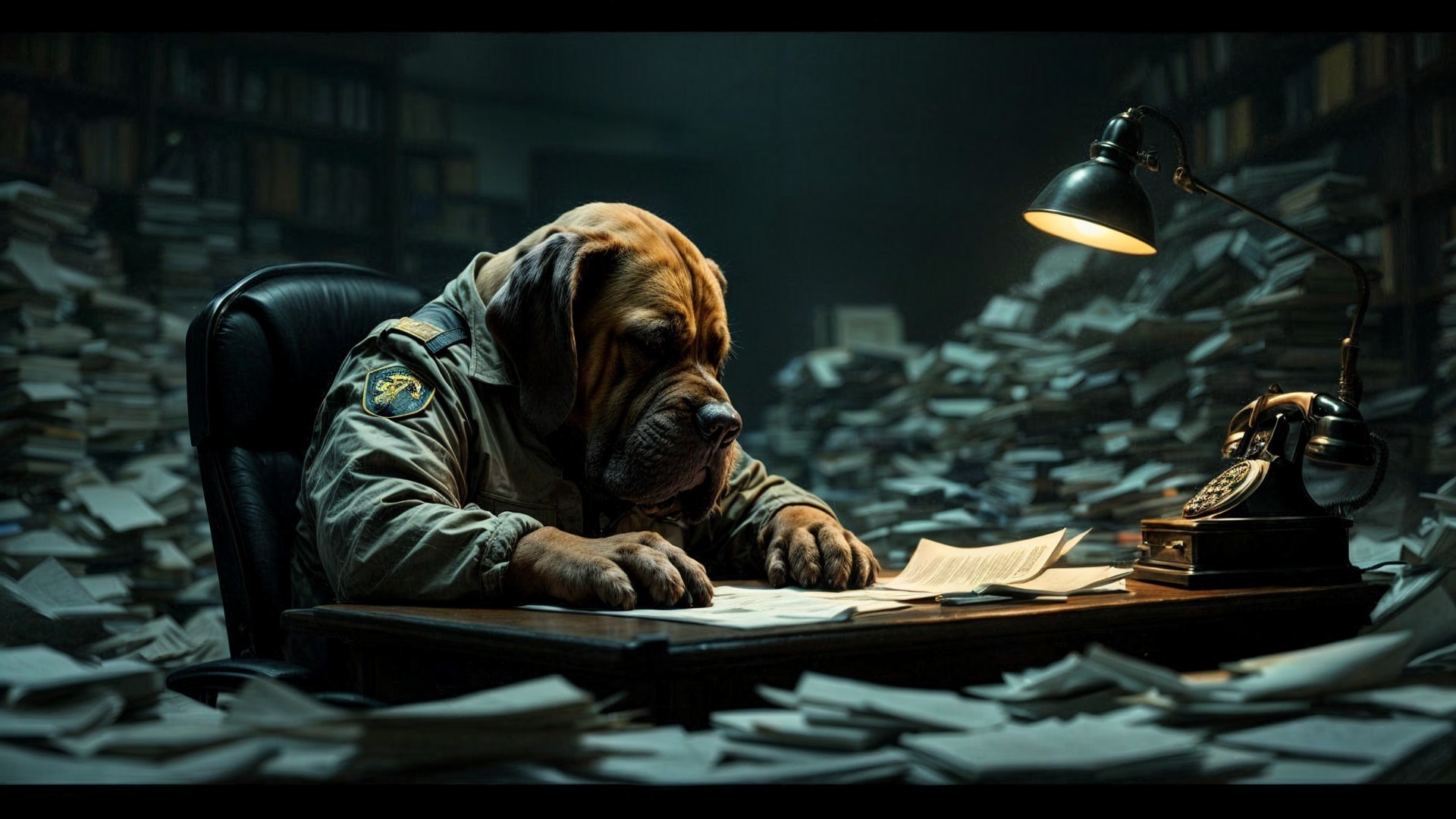 Dog in Officer's Jacket at Cluttered Desk with Papers