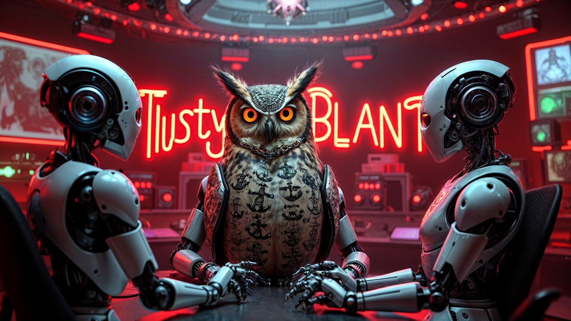 Futuristic Robots and Owl in Neon Setting