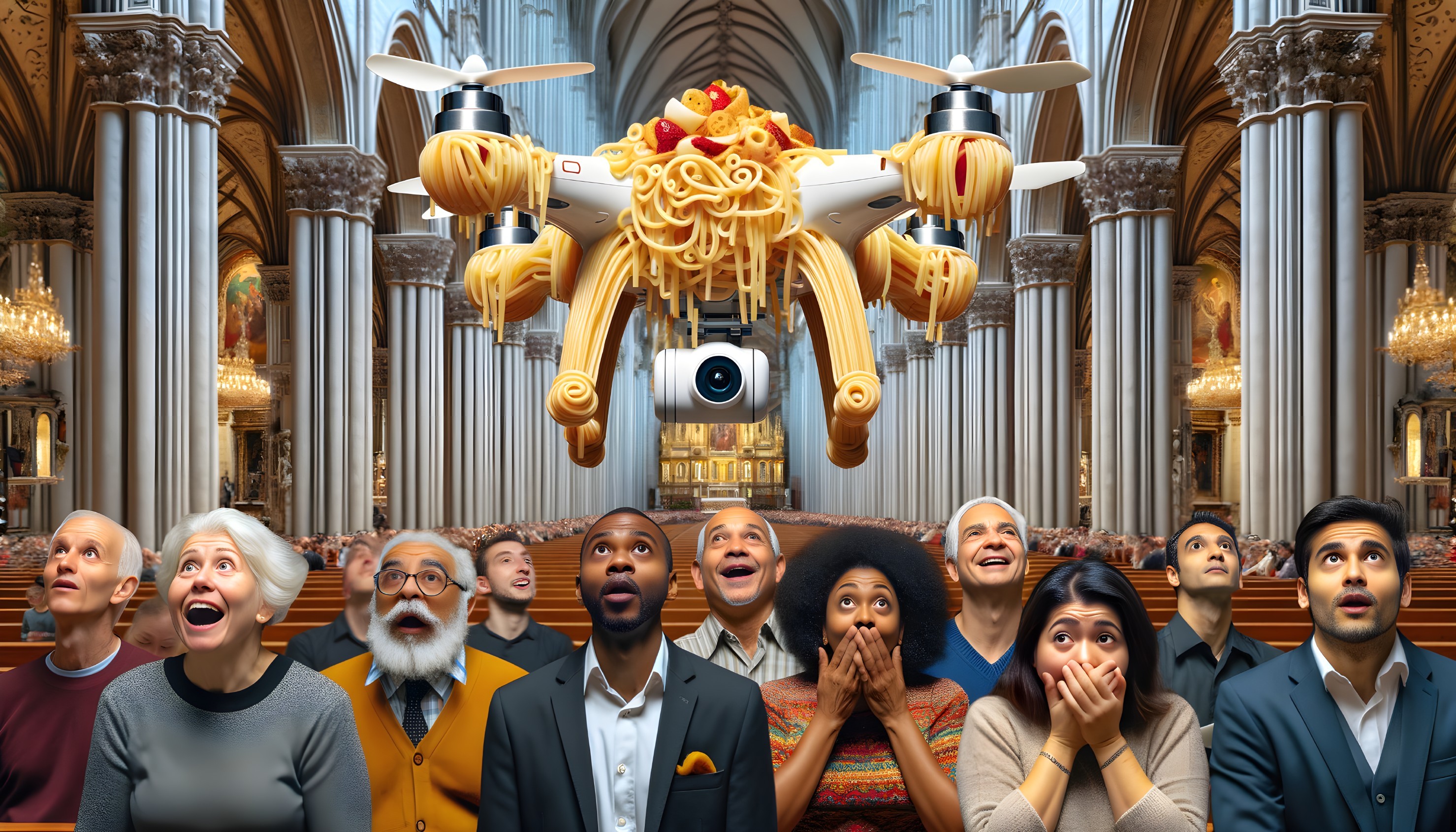 Drone with Pasta Bowl Overwhelms Cathedral Visitors