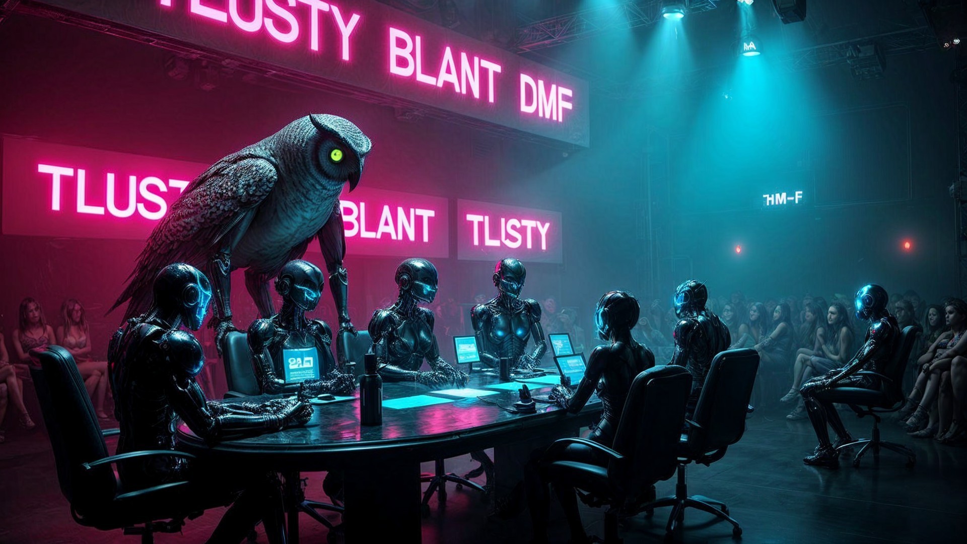 Humanoid Robots in Futuristic Setting with Mechanical Owl