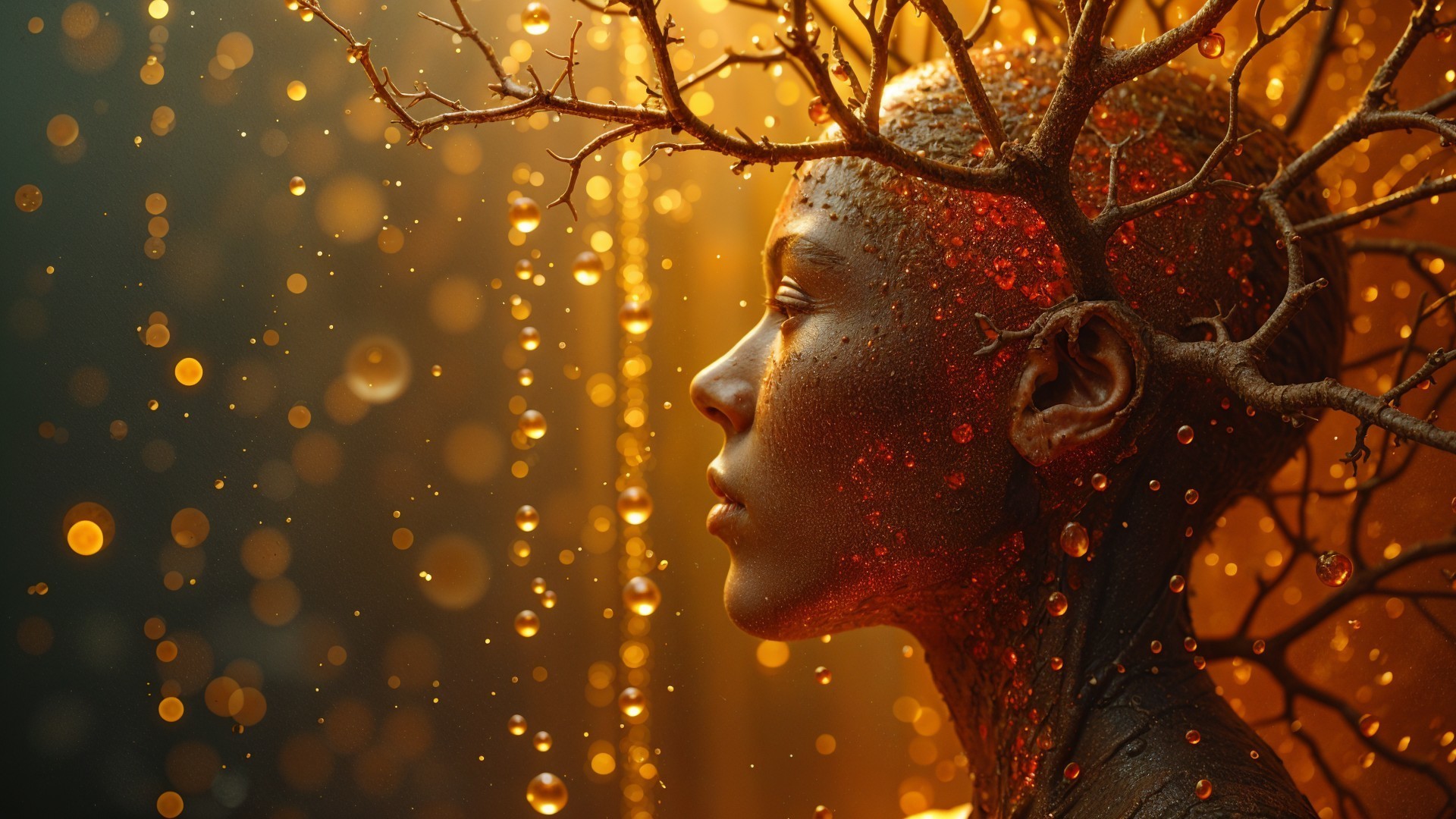 Textured figure with branch-like structures and droplets