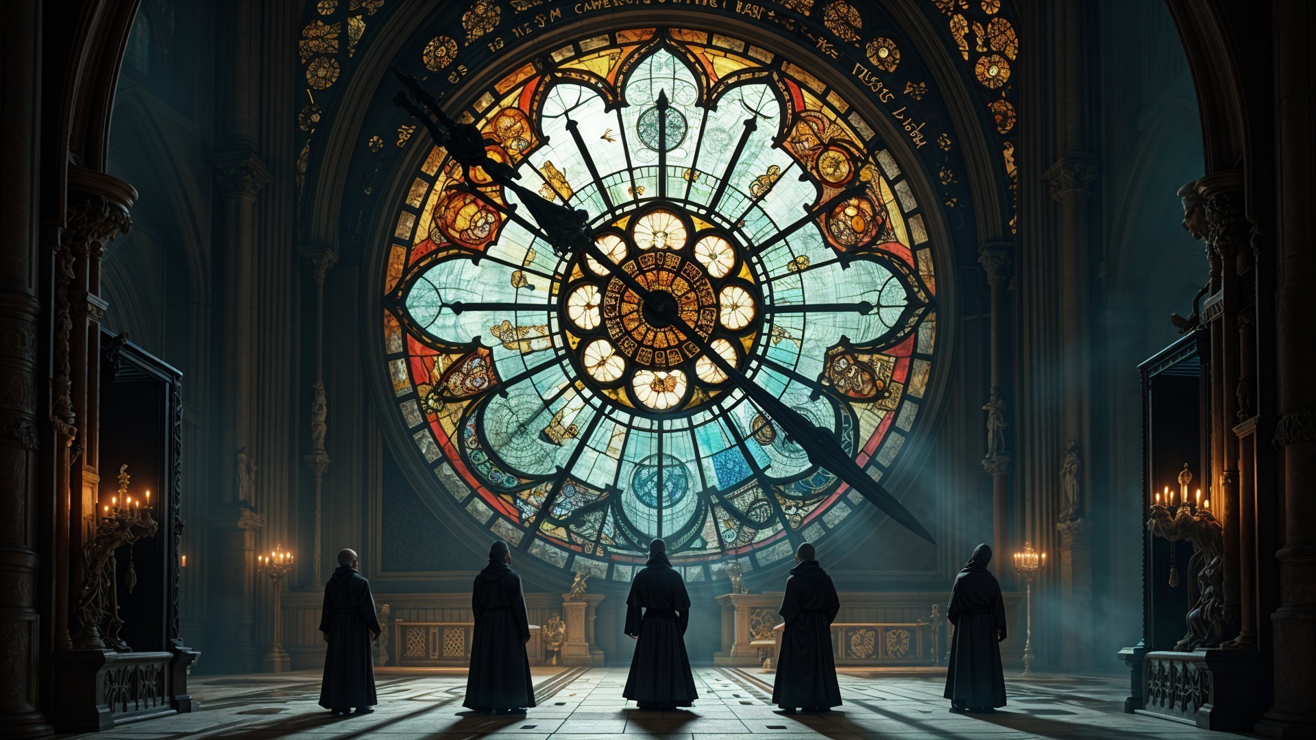 Cloaked Figures in Dim Chamber with Stained-Glass Window