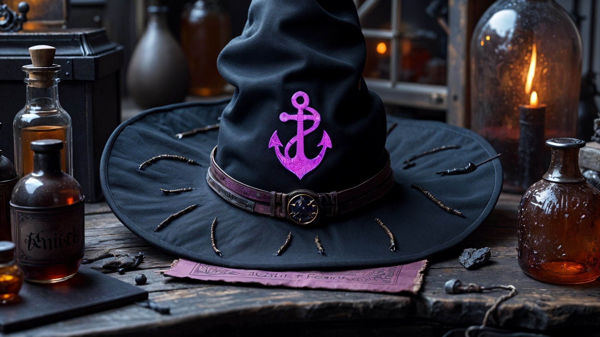 Mystical Black Witch's Hat with Purple Anchor Symbol
