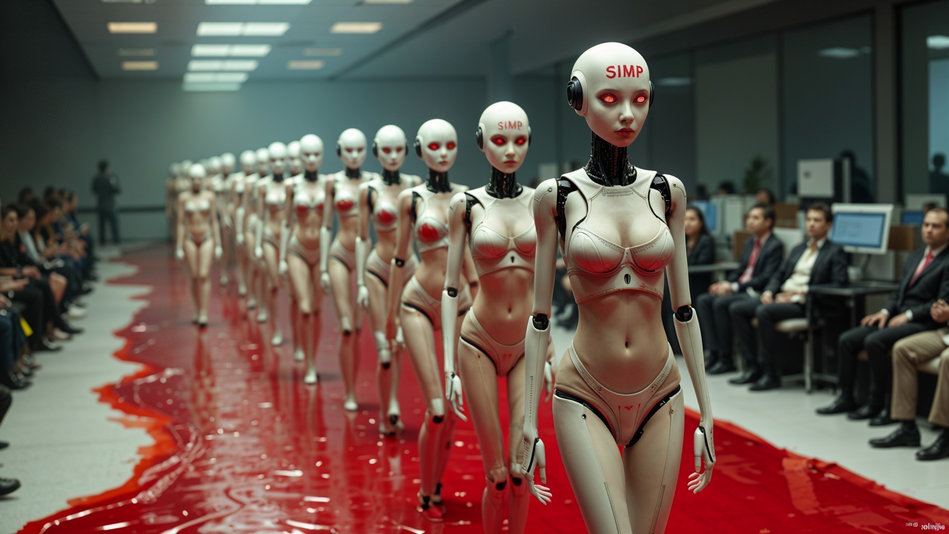 Humanoid Robots on a Glossy Red Runway in Office Setting