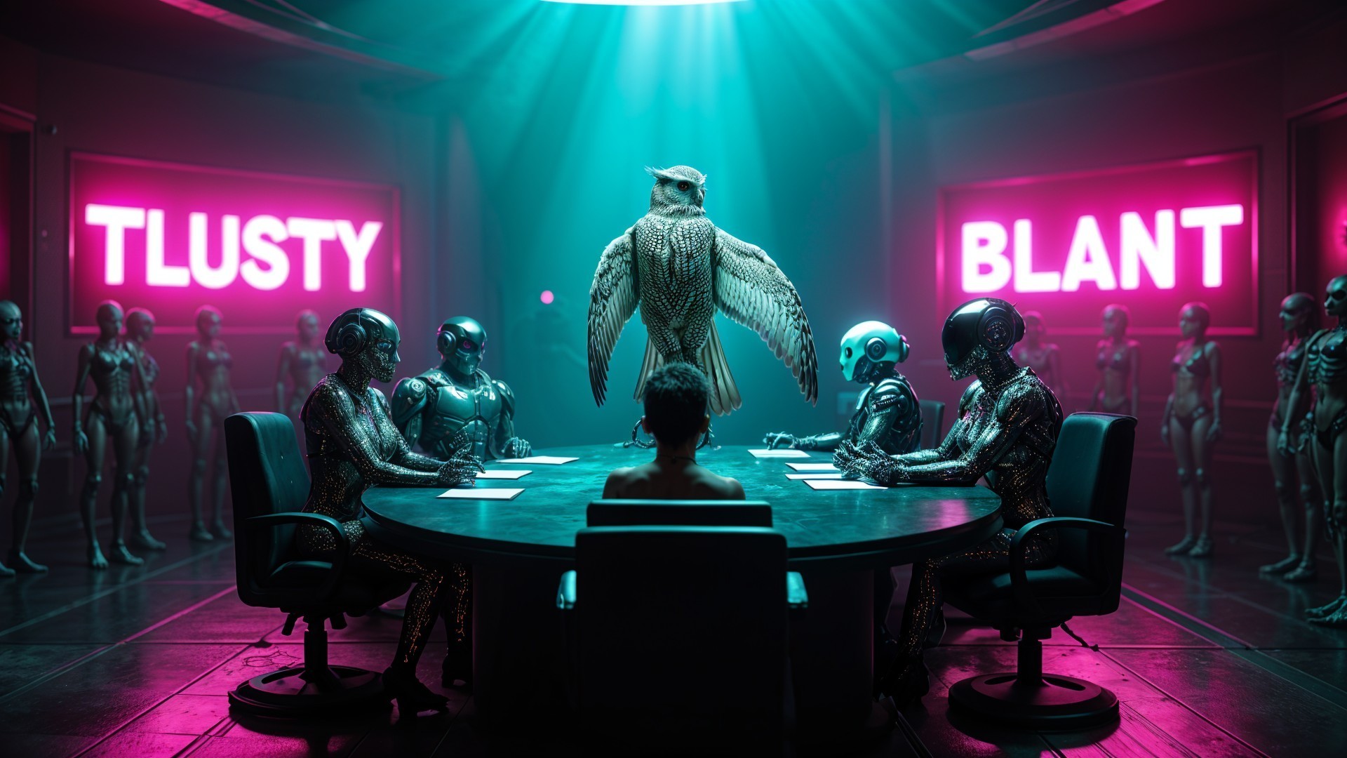 Futuristic Conference Room with Humanoid Robots and Owl
