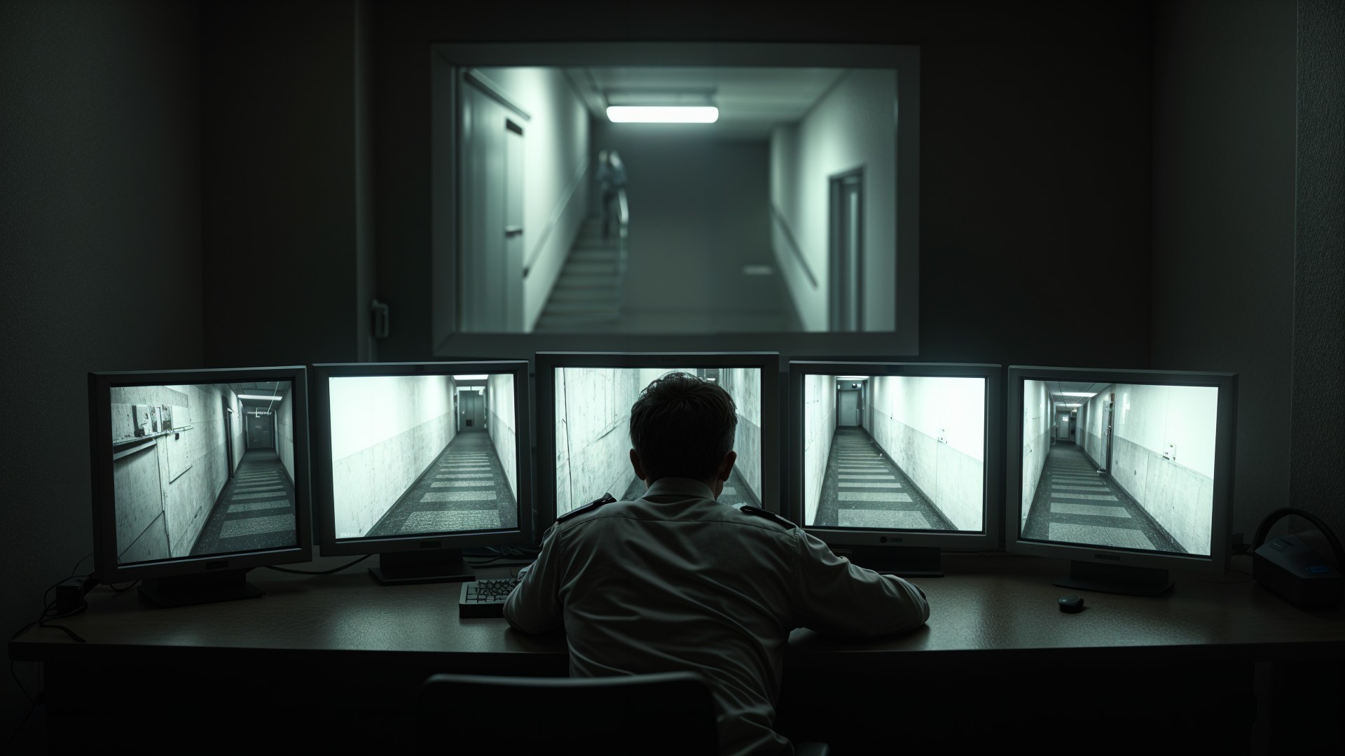 Security Monitor Setup in Dimly Lit Room with Hallway