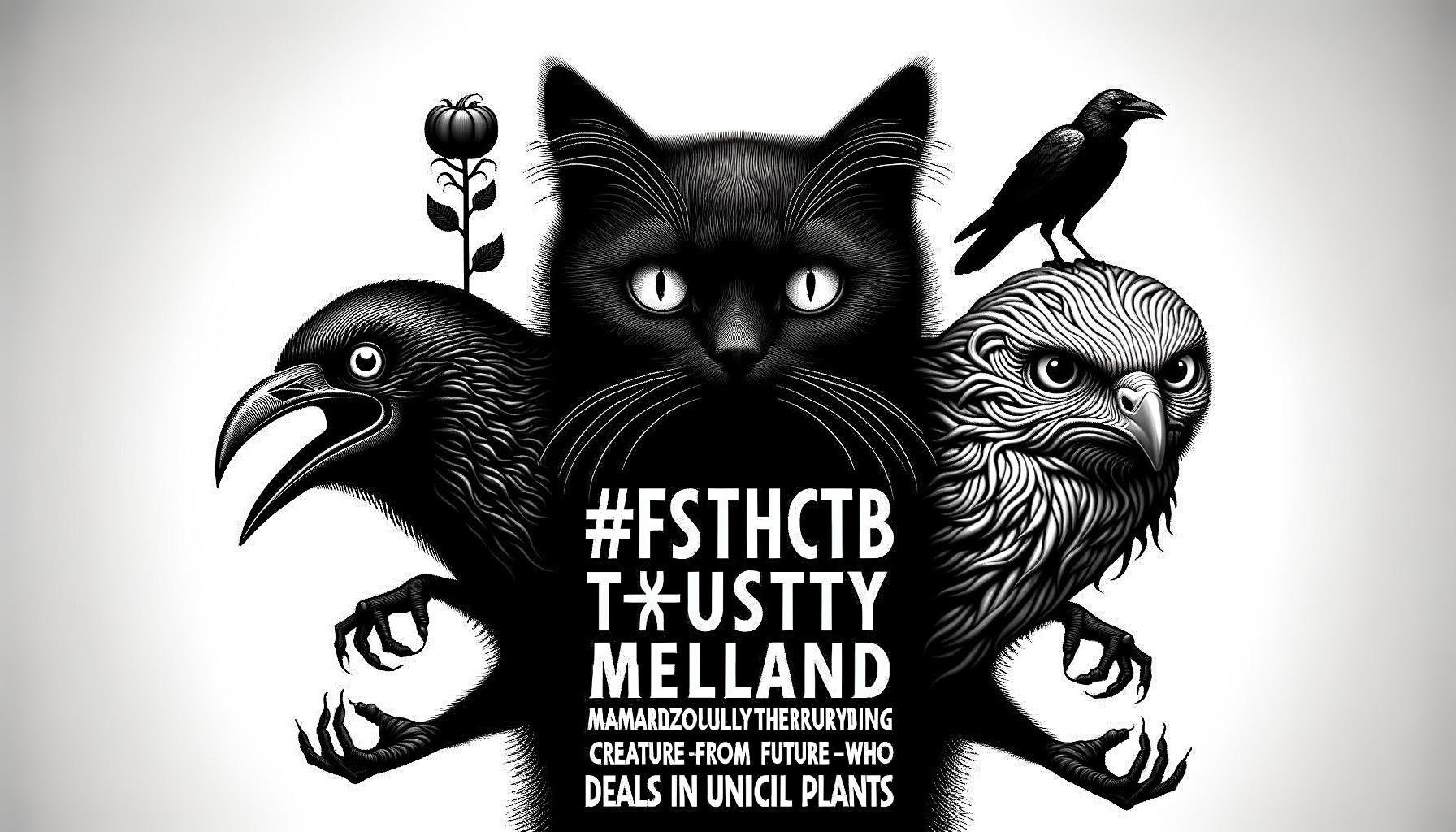 Black and White Illustration of Cat, Crow, and Birds