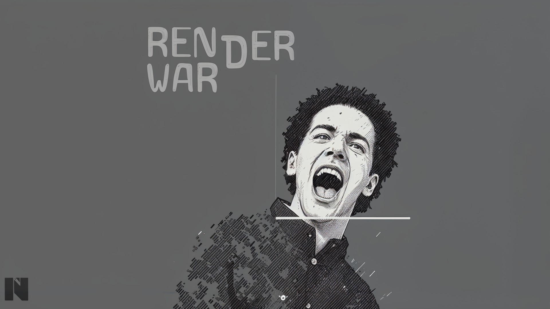 Monochrome Illustration of Young Man Yelling "RENDER WAR