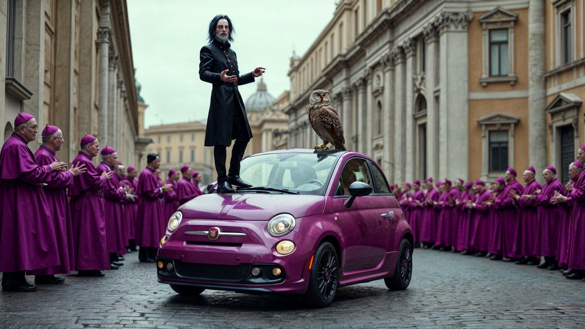 Man in Black Coat on Purple Fiat with Owl in City Square
