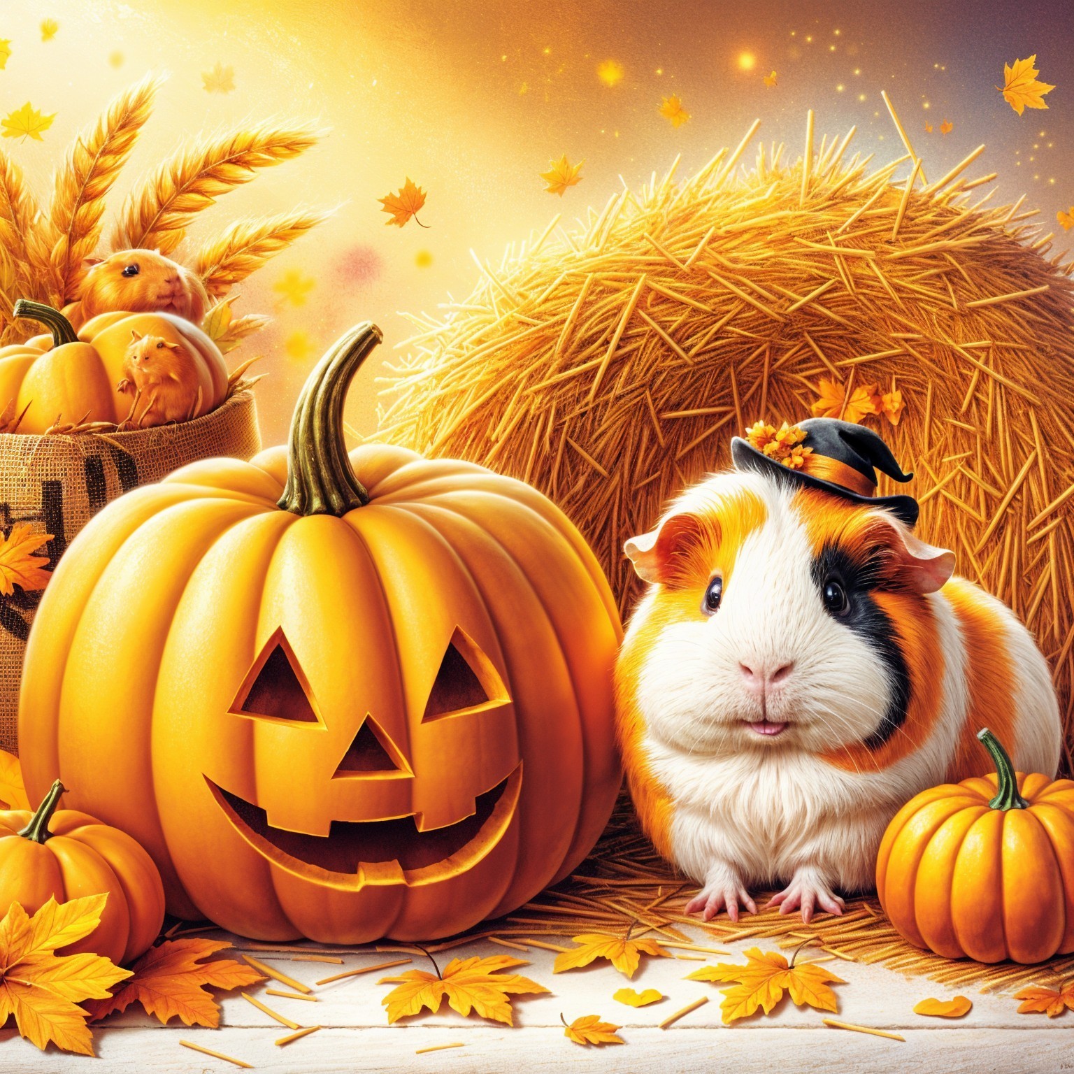Guinea Pig in Hat Surrounded by Pumpkins and Leaves