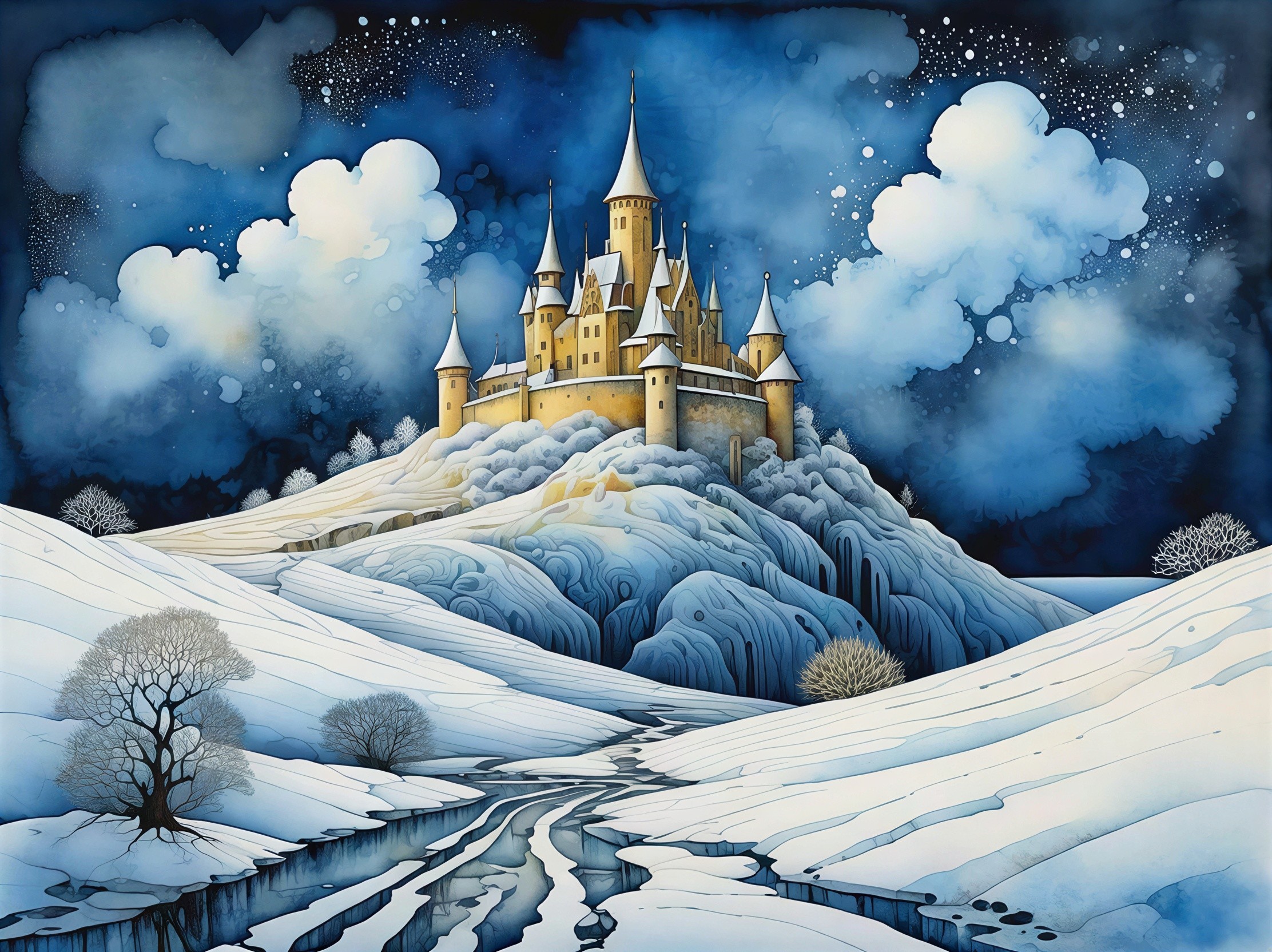 Watercolor Painting of a Winter Landscape with Castle