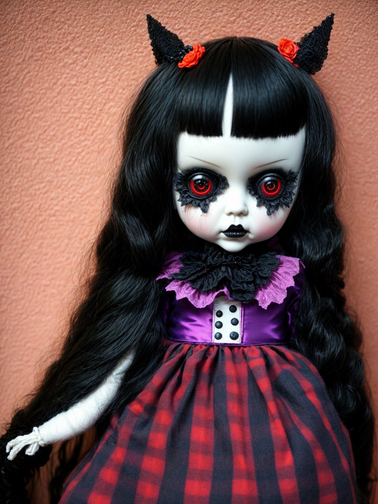 Gothic Doll with Black Hair and Red Eyes in Purple Dress