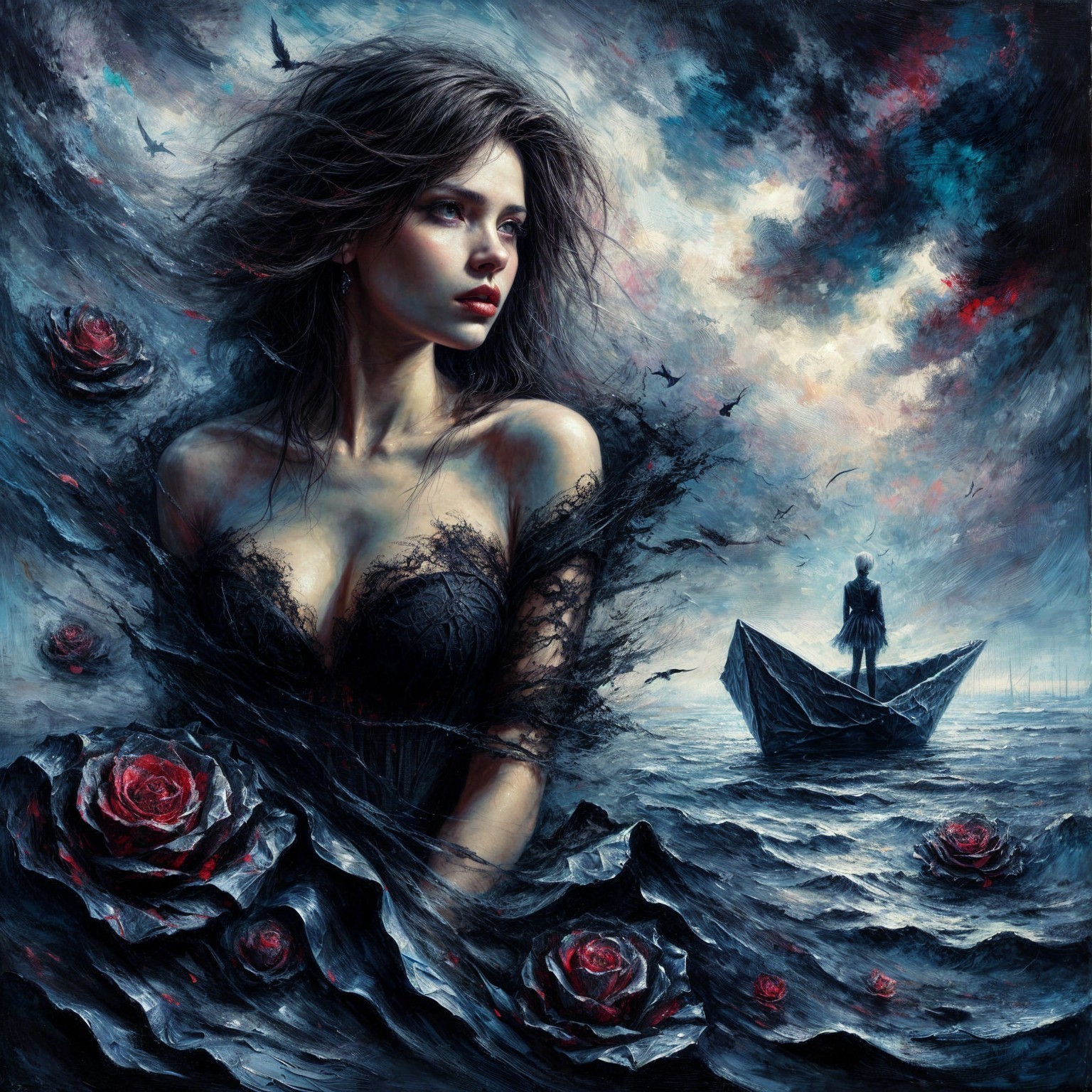 Fantasy Artwork of Woman in Lace Dress with Roses