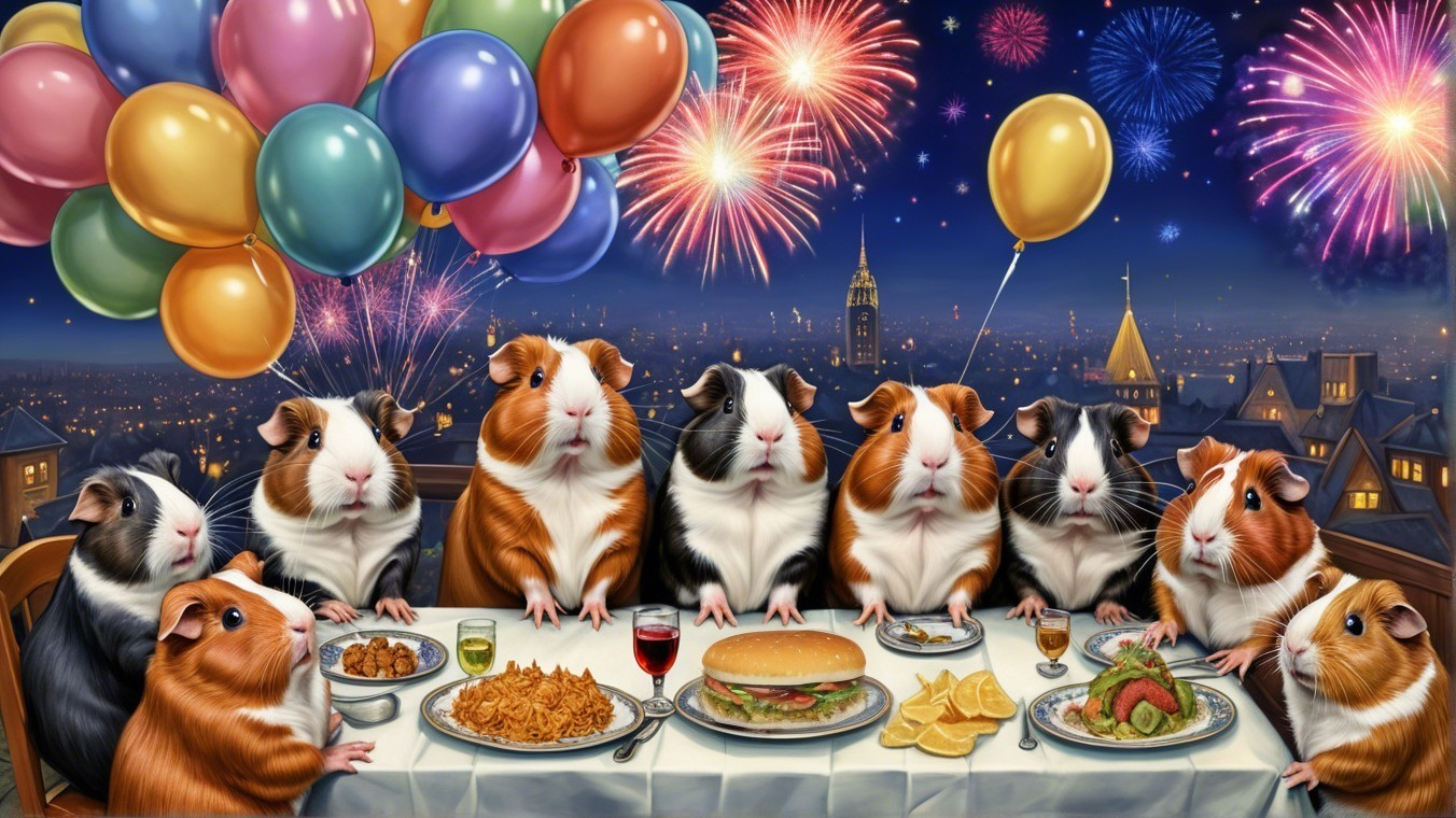 Guinea pigs celebrate at a festive dinner table scene