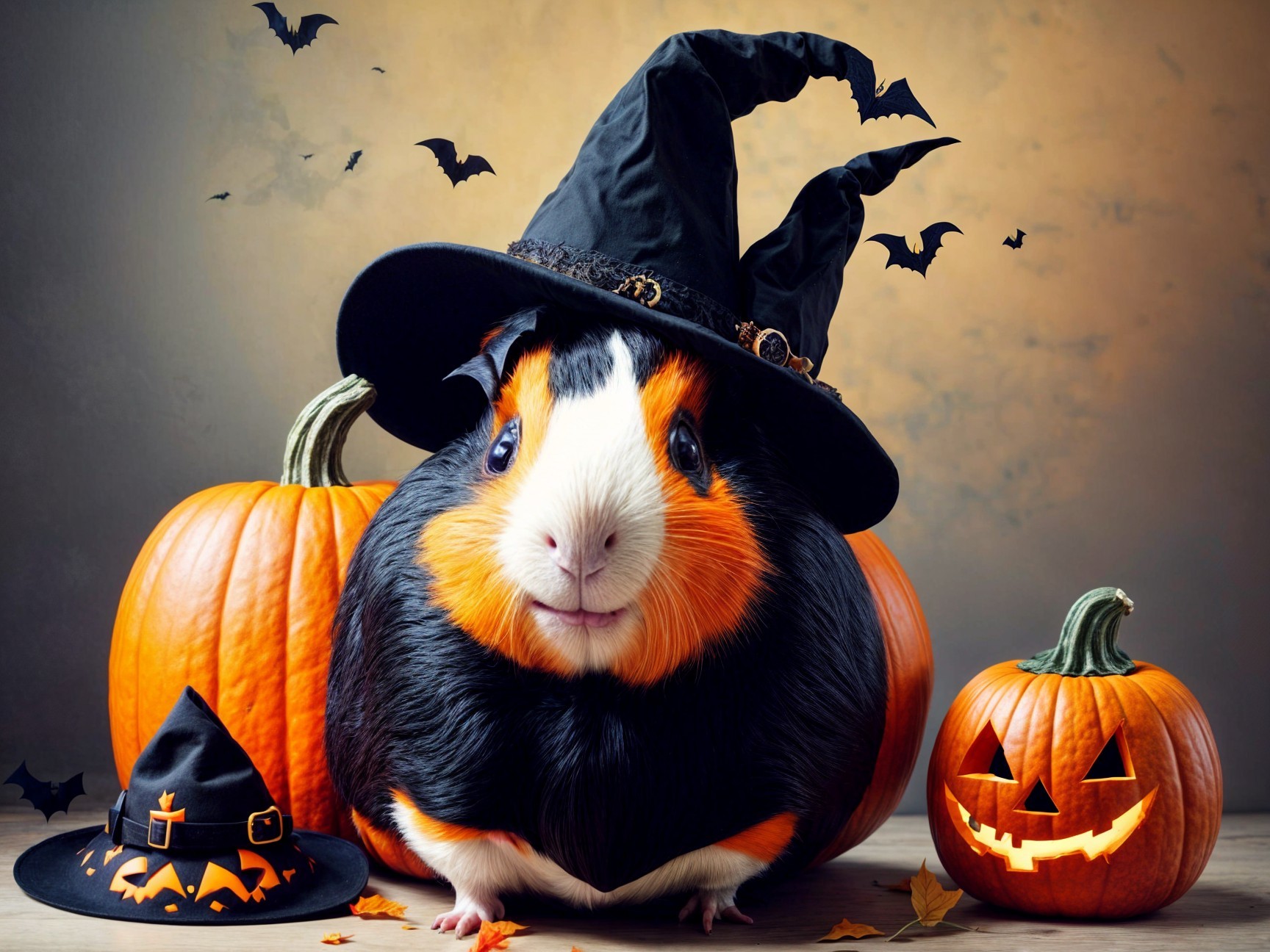 Guinea Pig in Witch Hat Among Halloween Pumpkins