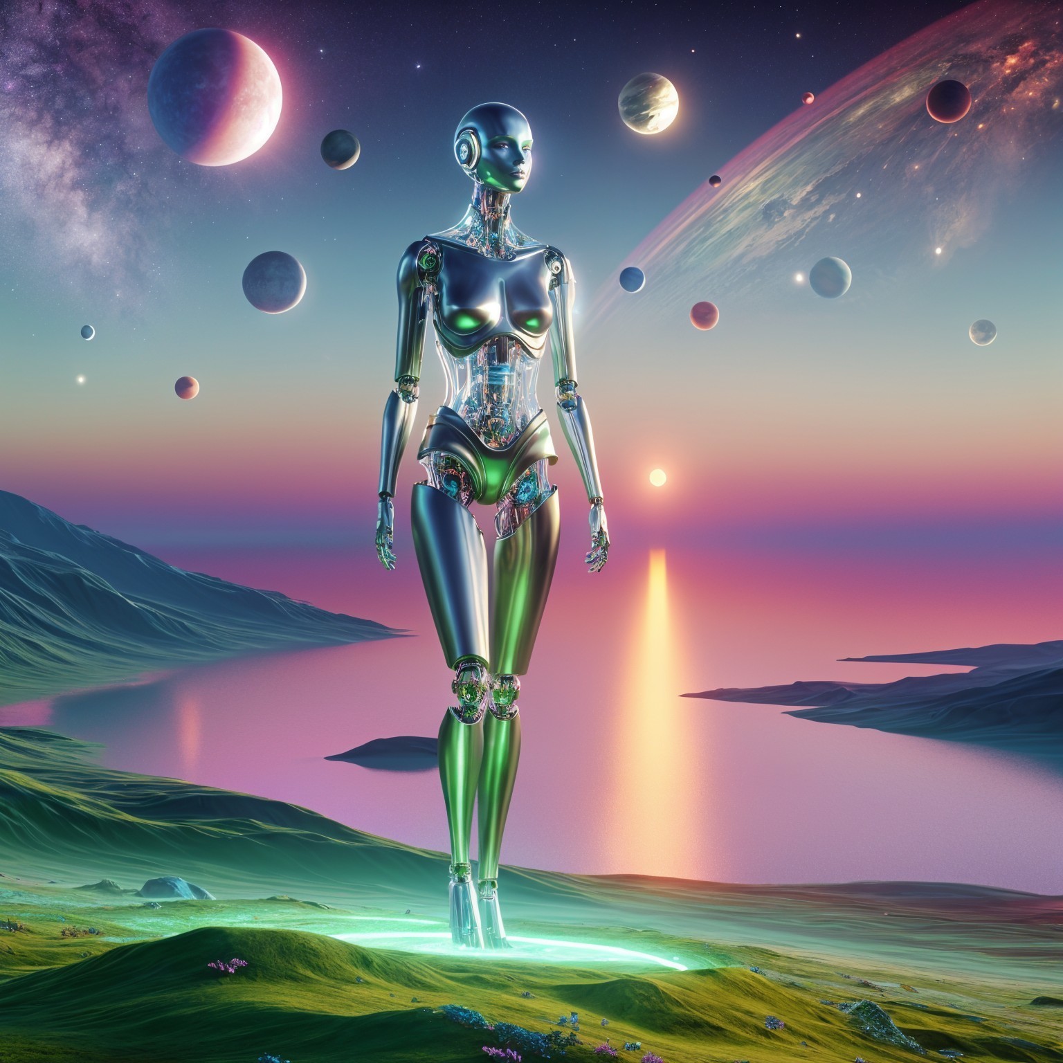 Humanoid Robot in Cosmic Landscape at Sunset