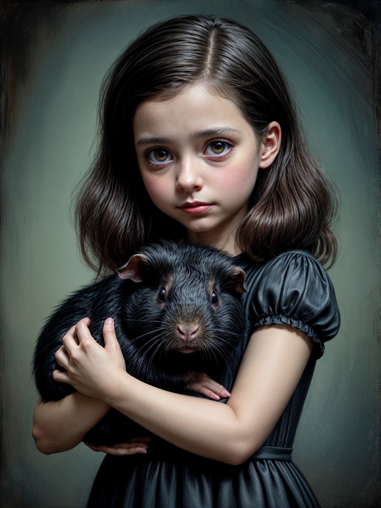 Young girl in black dress holding a guinea pig