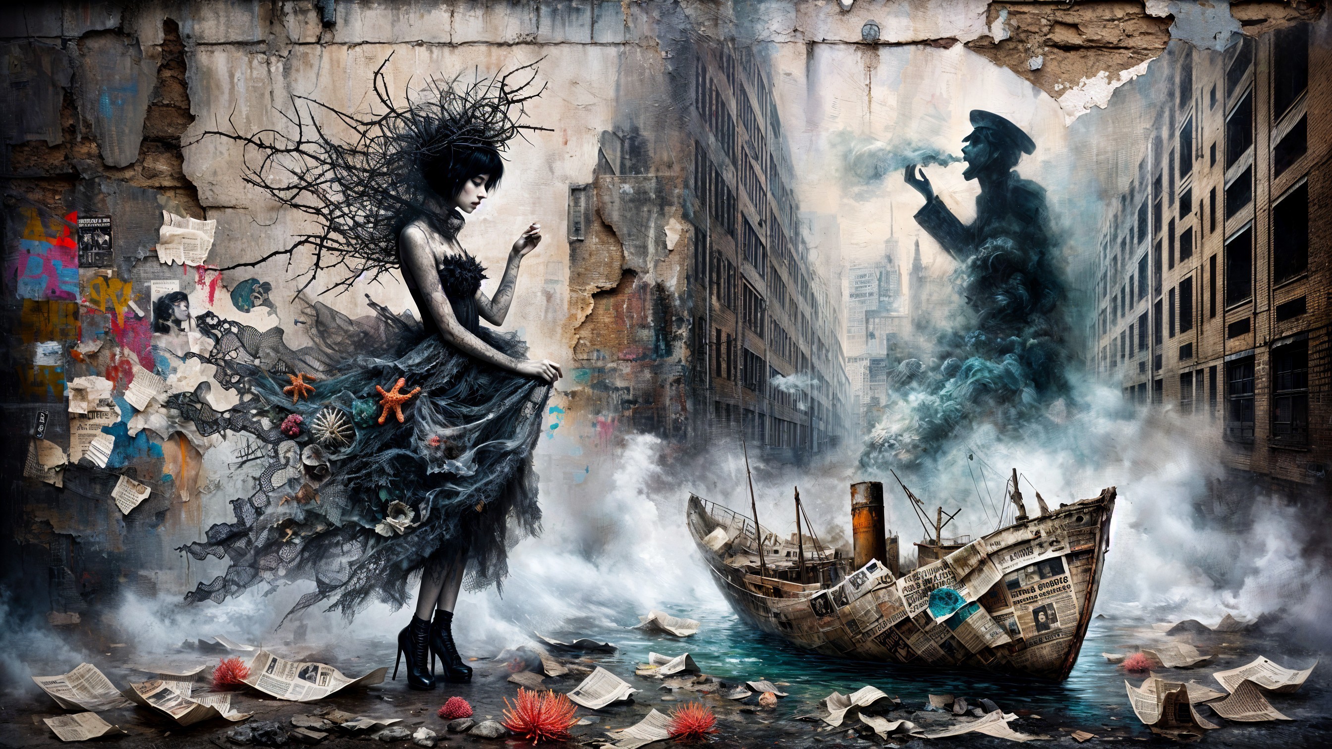 Surreal Urban Landscape with Mystical Elements and Figures