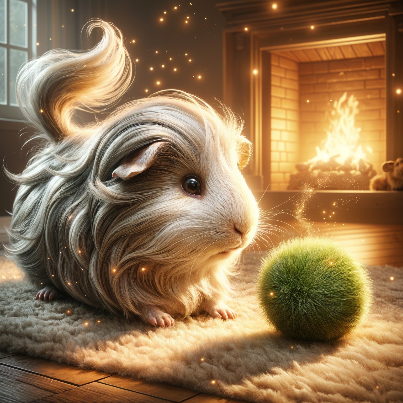 Fluffy Guinea Pig on Rug with Fireplace and Fur Ball