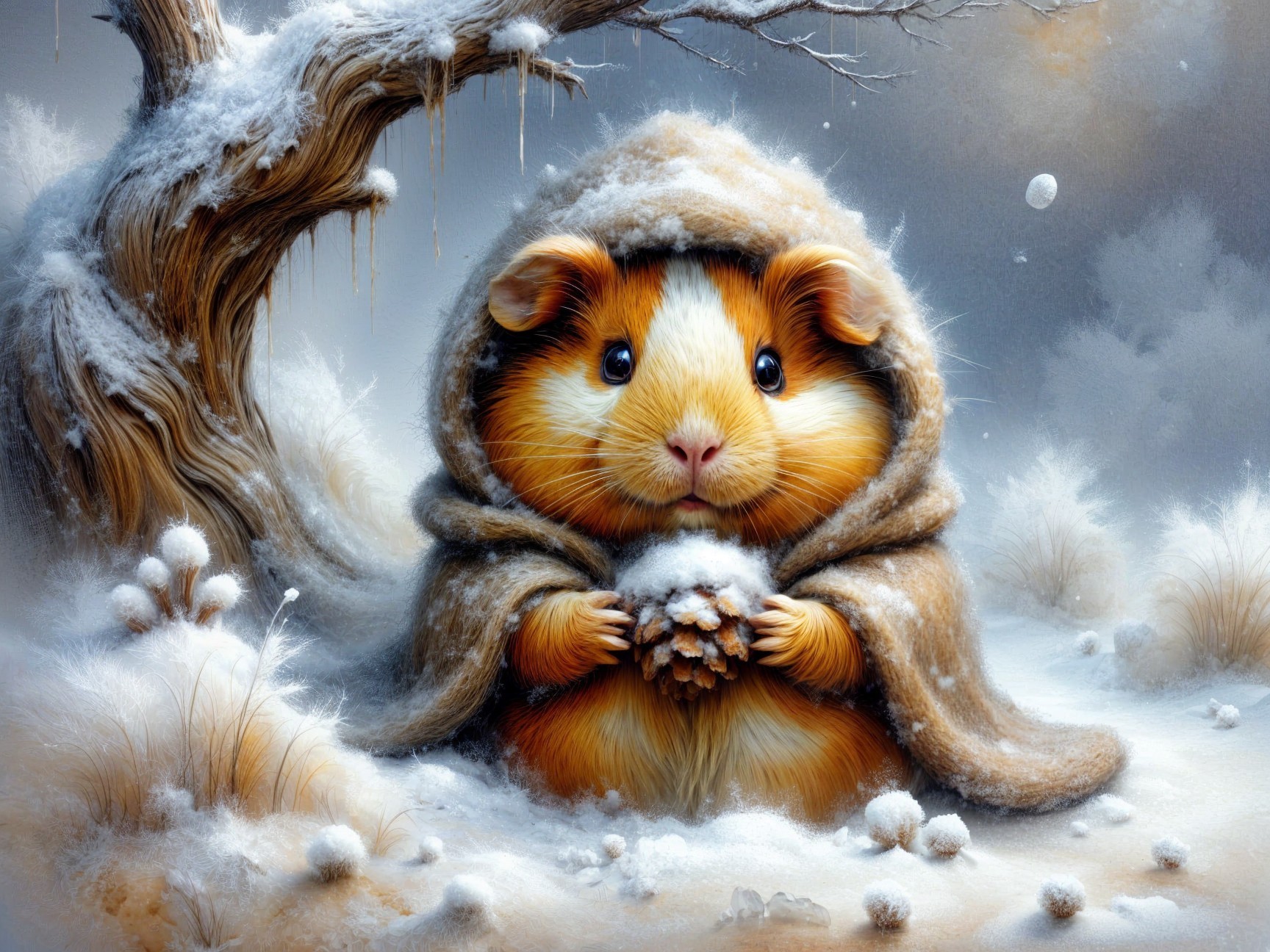 Guinea Pig in Brown Cloak in Snowy Winter Scene
