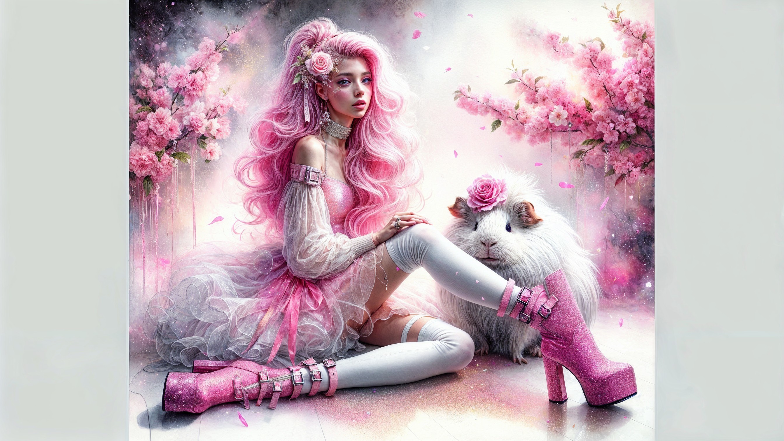 Whimsical Scene of Woman in Cherry Blossom Setting